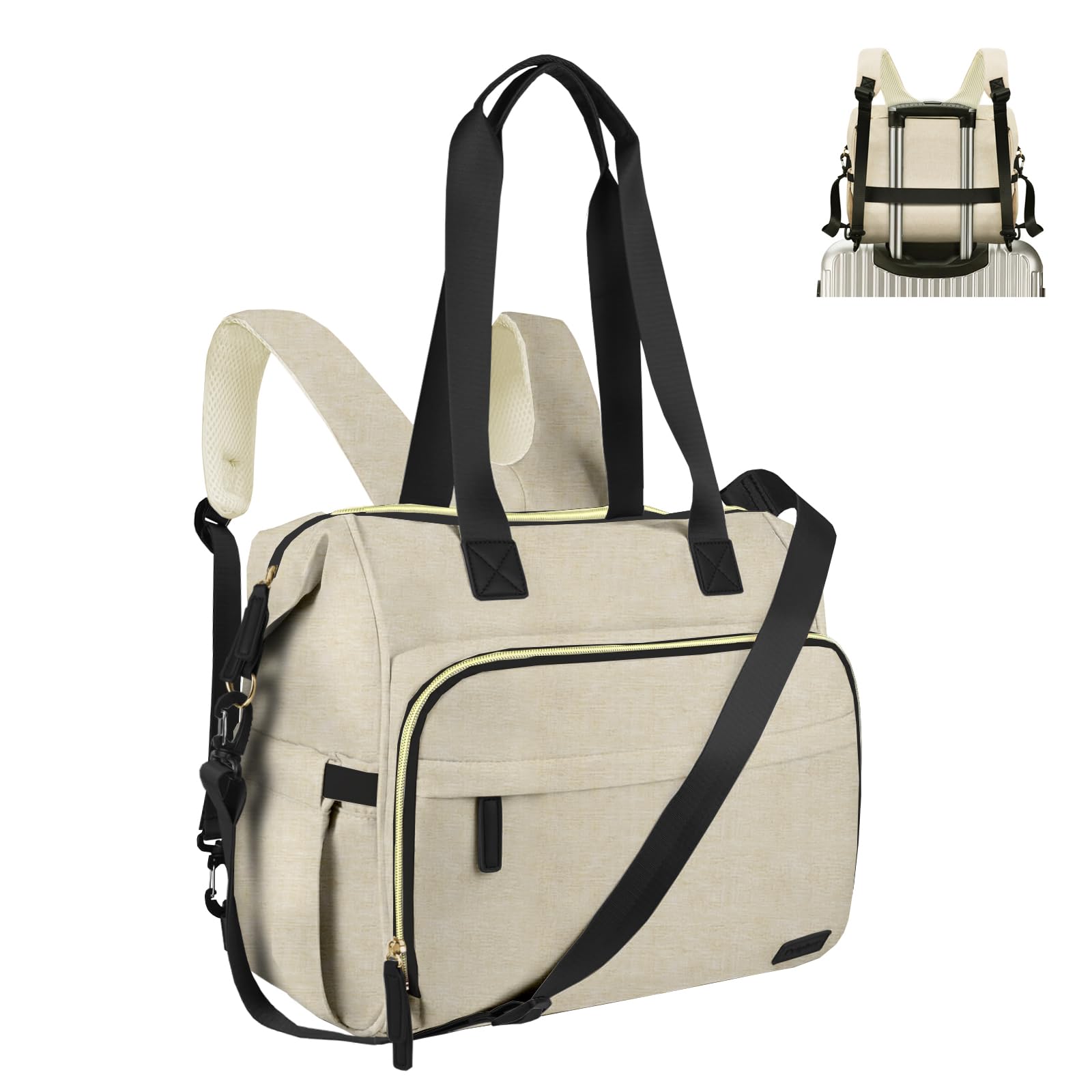Front. Stamp n Camp - Diaper Bag Backpack  Mommy Travel Tote With Shoulder Strap Weekender For Mom - Beige.