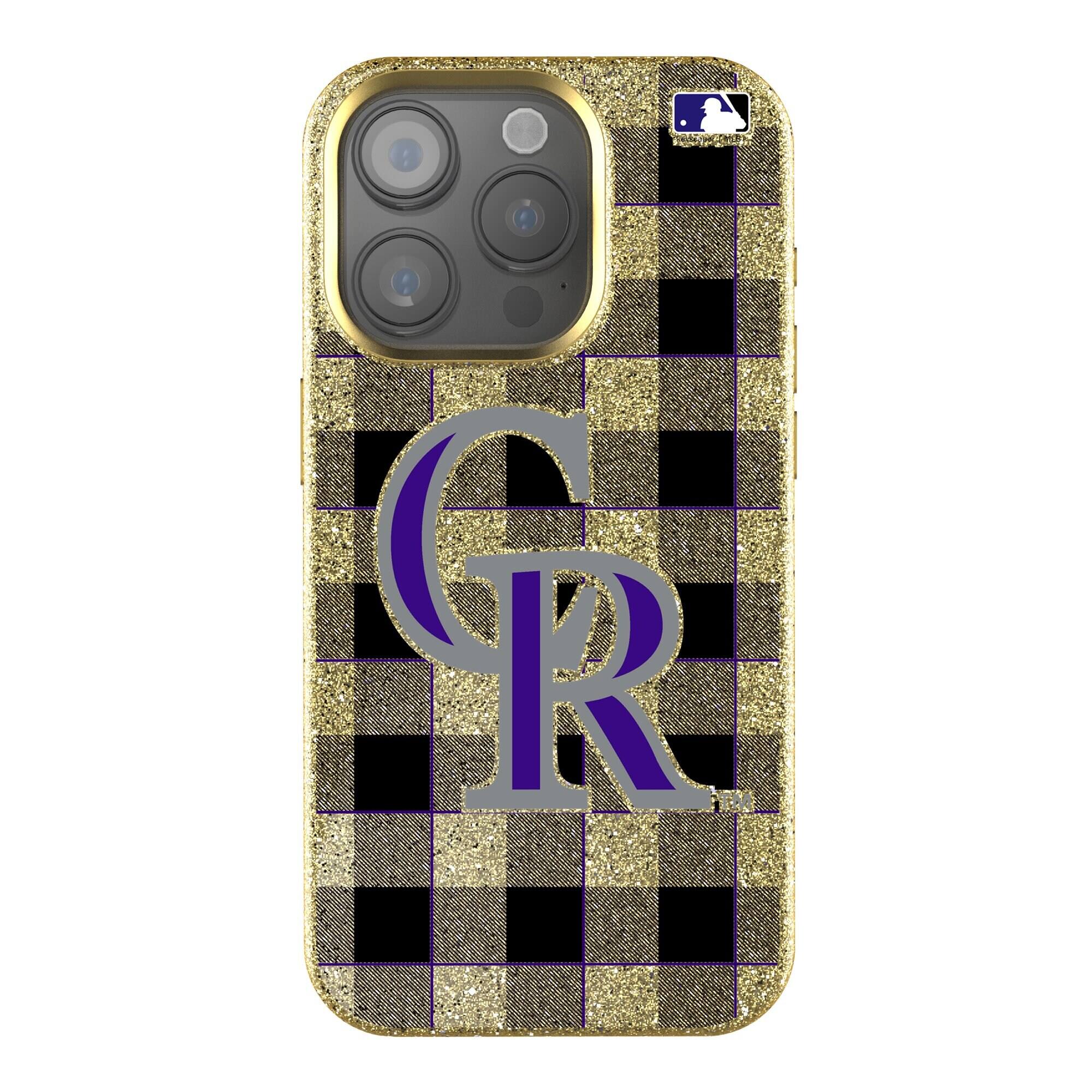 Front. Keyscaper - Colorado Rockies Plaid Bling iPhone Case - 15 Pro - Gold.
