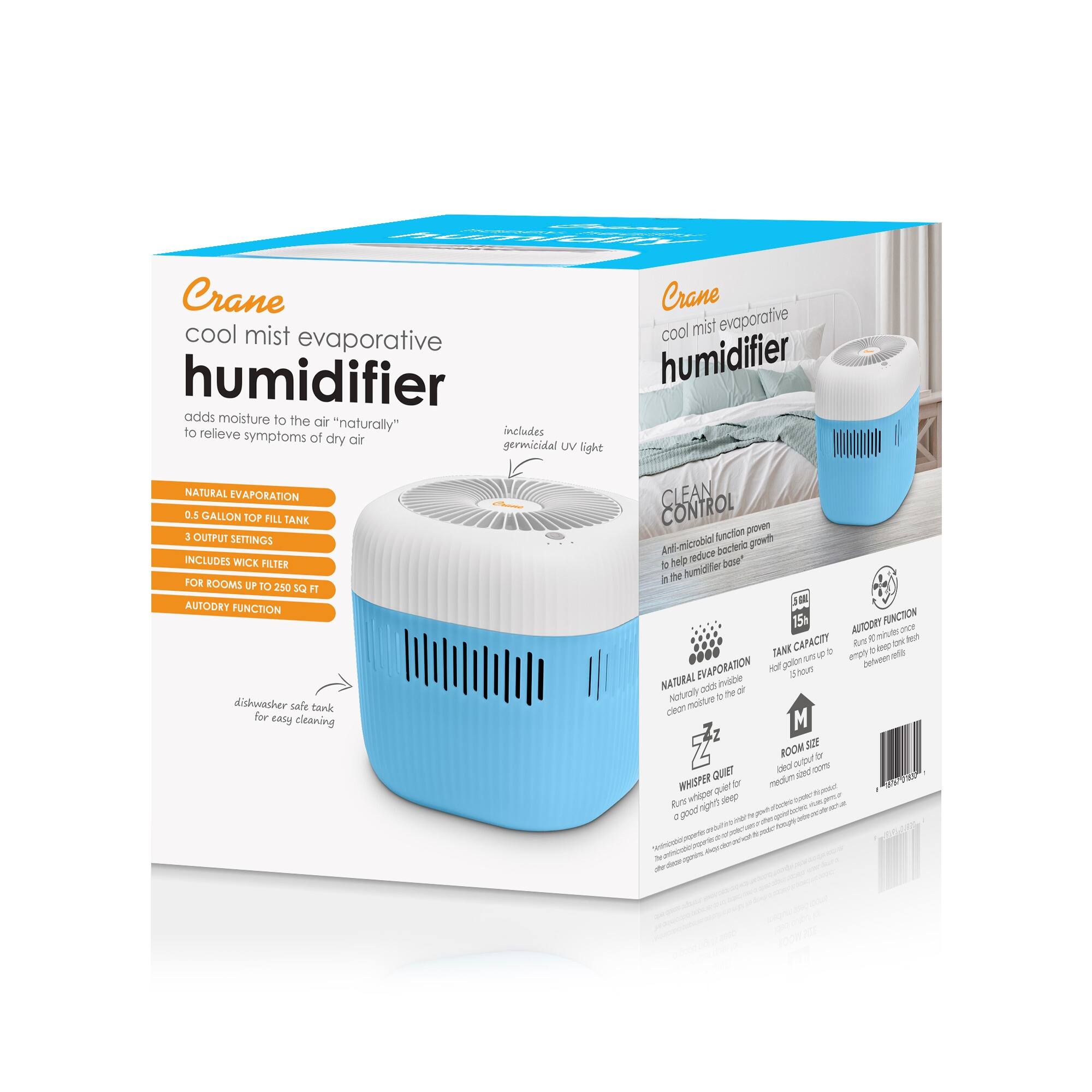 Crane cool mist evaporative humidifier adds moisture to the air "naturally" to relieve symptoms of dry air. Includes germicidal UV light. Natural Evaporation. 0.5 Gallon Top Fill Tank. 3 Output Settings. Includes Wick Filter for Rooms up to 210 sq ft. AutoDry Function. Dishwasher Safe Tank for easy cleaning. Clean Control function proven to reduce microbial growth. Whisper Quiet.