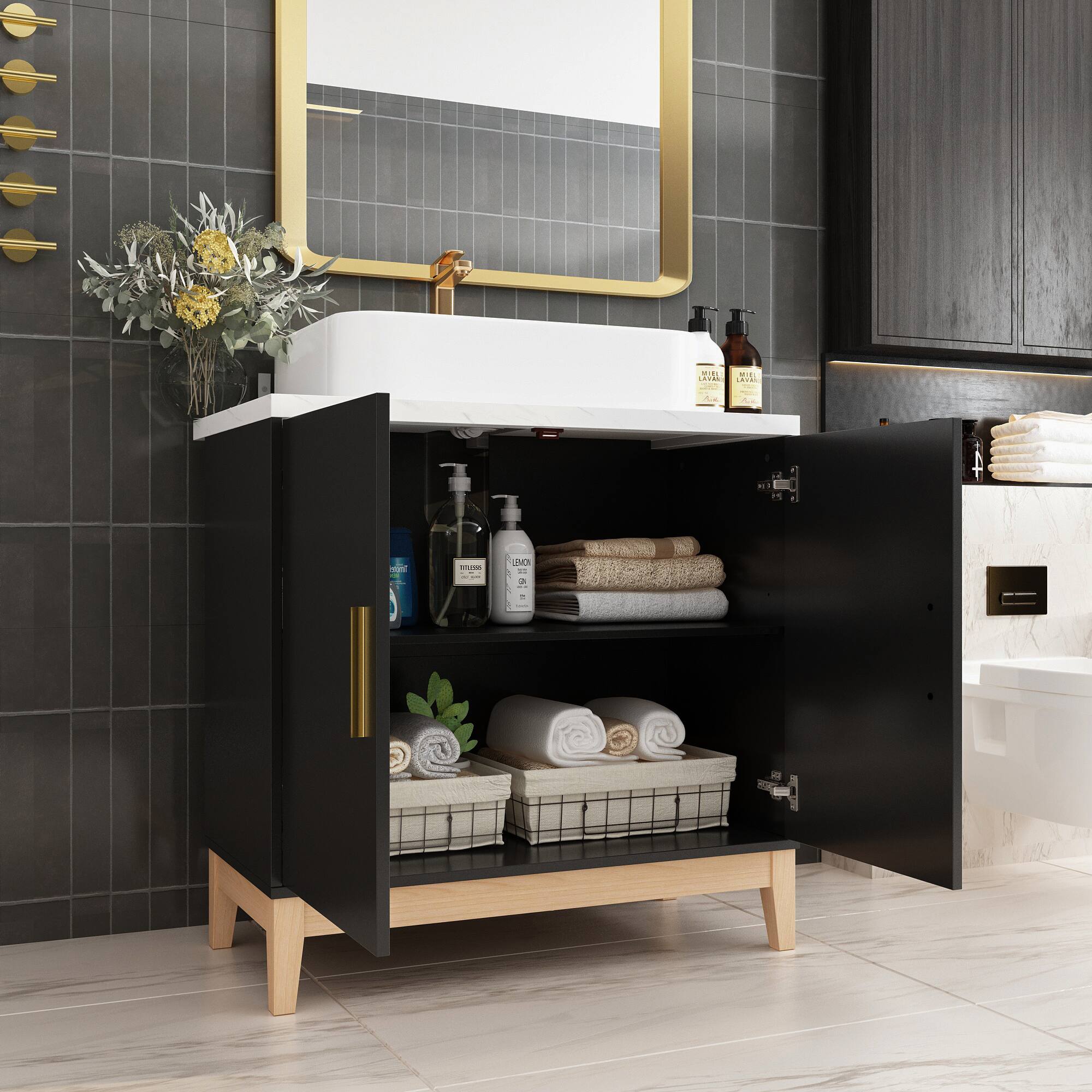 Left. Famapy - Luxury Bathroom Vanity with Ceramic Sink, Modern Storage Cabinet with Countertop and Organizer Space - White & Black.