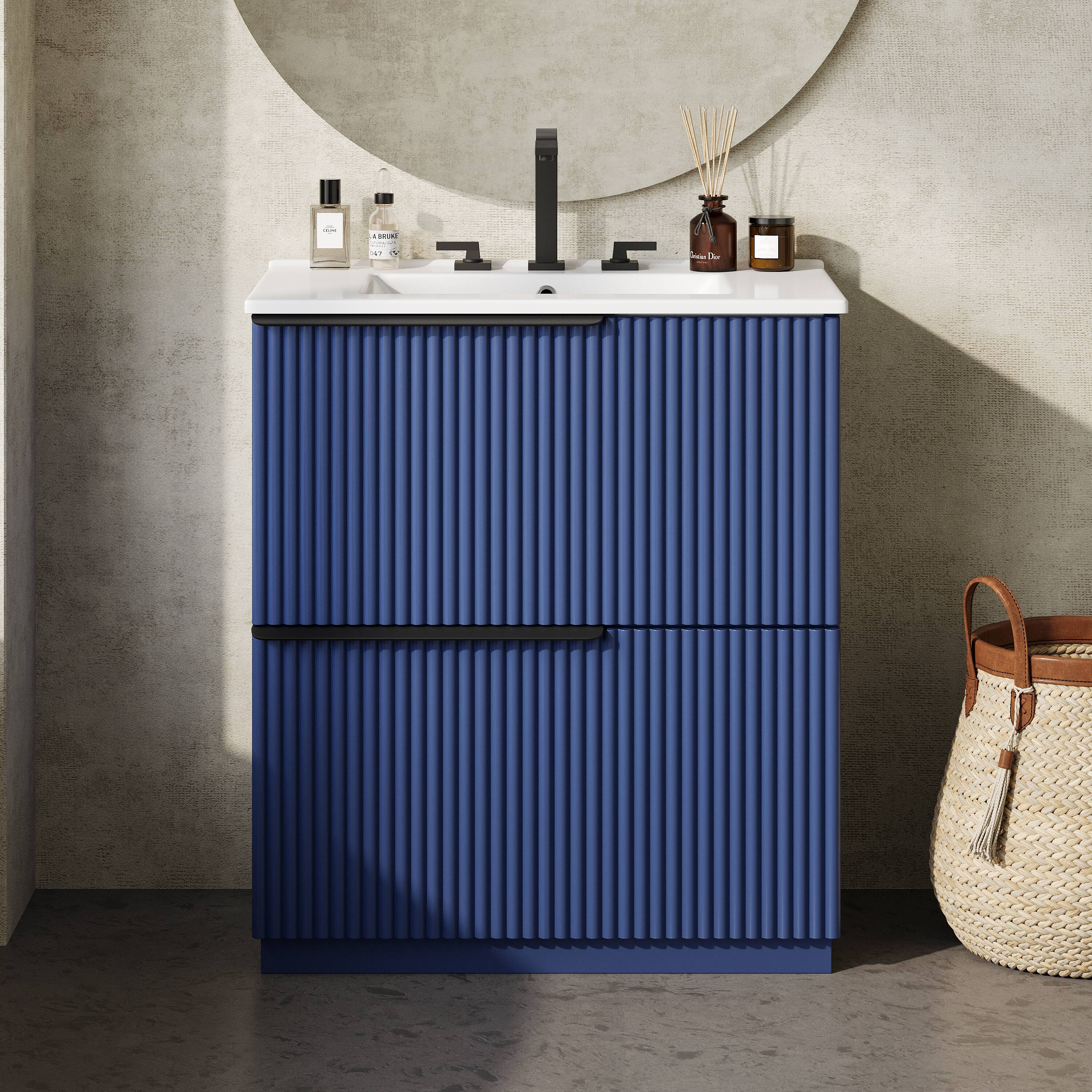 Left. Loheer - 2.5 ft Bathroom Vanity with Ceramic Sink, Full-Extension Soft-Close Drawers, Fluted Design - Blue.