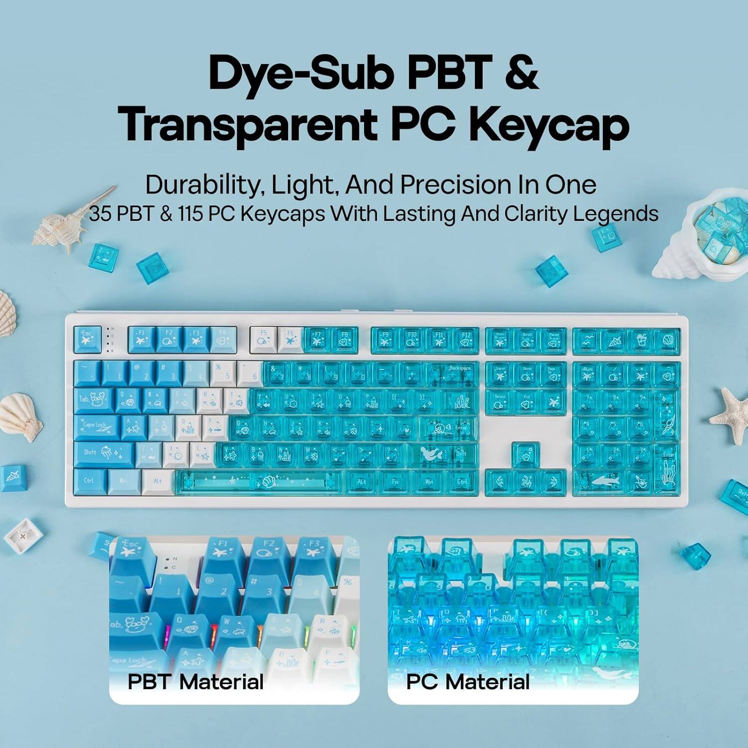 Dye-Sub PBT & Transparent PC Keycap  
Durability, Light, And Precision In One  
35 PBT & 115 PC Keycaps With Lasting And Clarity Legends  

PBT Material  
PC Material