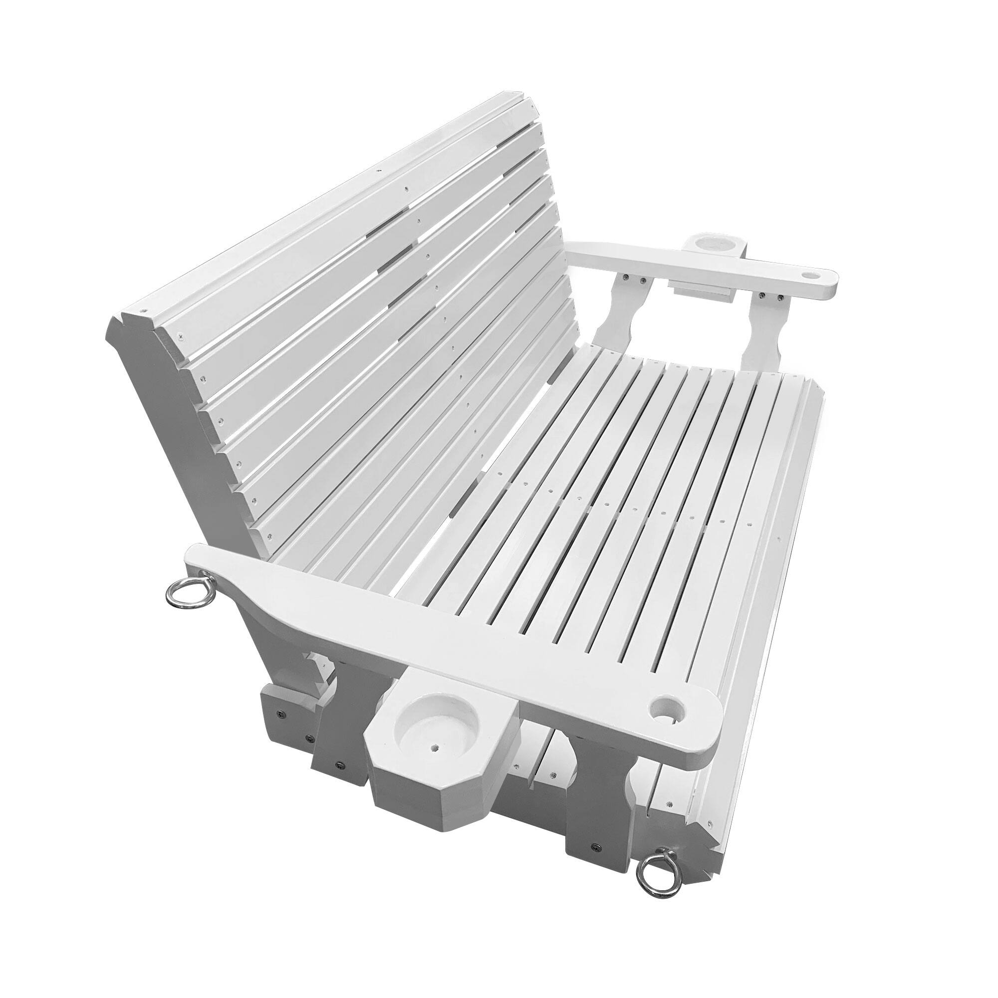 Back. Fortune Candy - Wooden Porch Swing 2-Seater, High Backrest and Deep Seat, Bench Swing with Cupholders, for Outdoor Patio Garden - White.