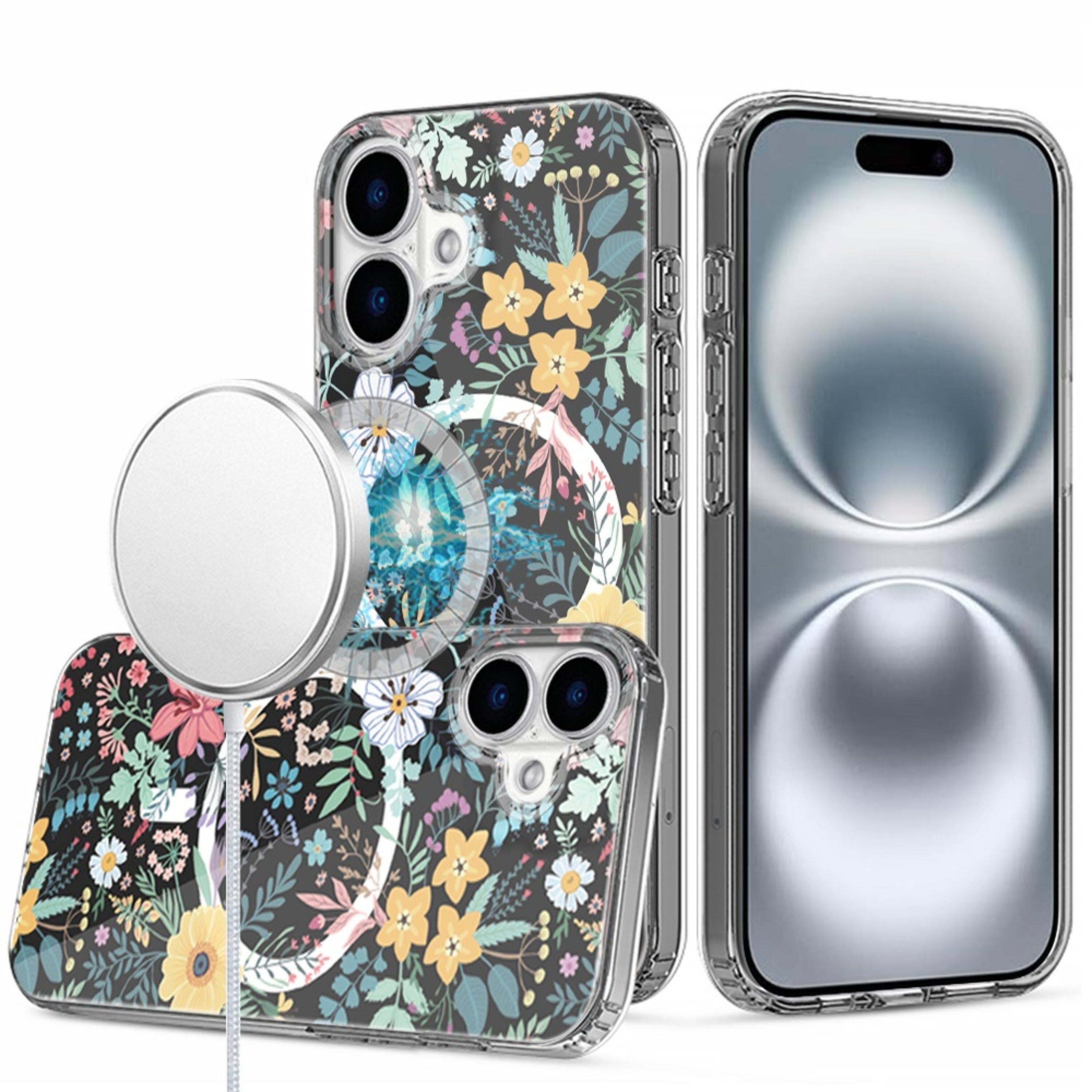 Front. Kitcheniva - Floral Print Magnetic Circle Clear Case With Tempered Glass For iPhone 16 C - Multicolor.