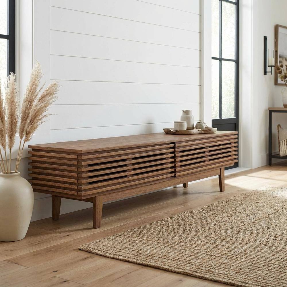 Angle. FurniFact - Brown wood TV stand with modern design and sturdy construction - Brown.