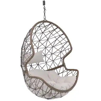 Front. Sunnydaze - Brown Resin Wicker Basket Hanging Egg Chair with Cushions - Gray Cushions.