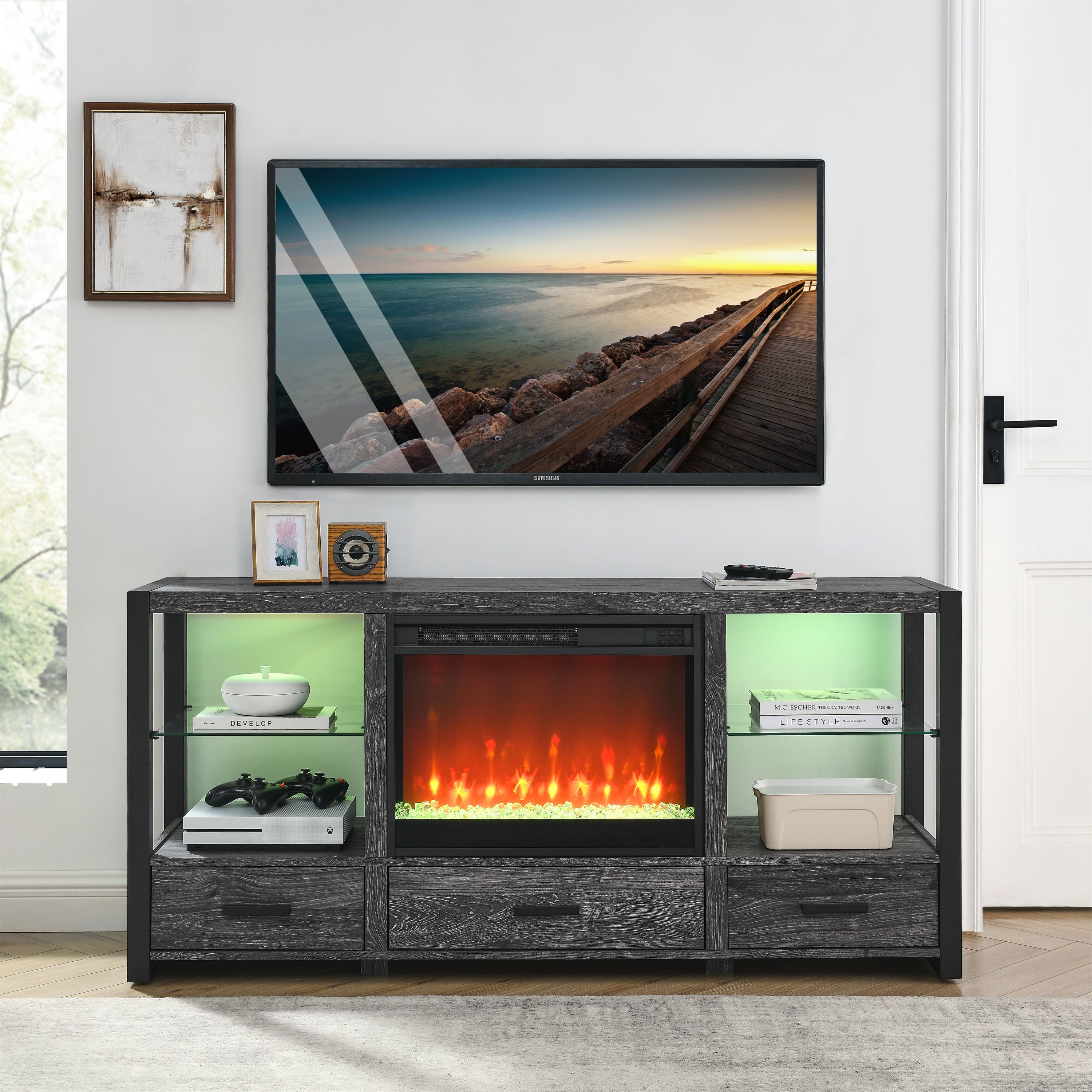 PexFix - 23" Ultra-Thin Electric Fireplace Insert, Crystal & Realistic Flame, Sidelight, Remote Timer, TV Stand, for Living Room