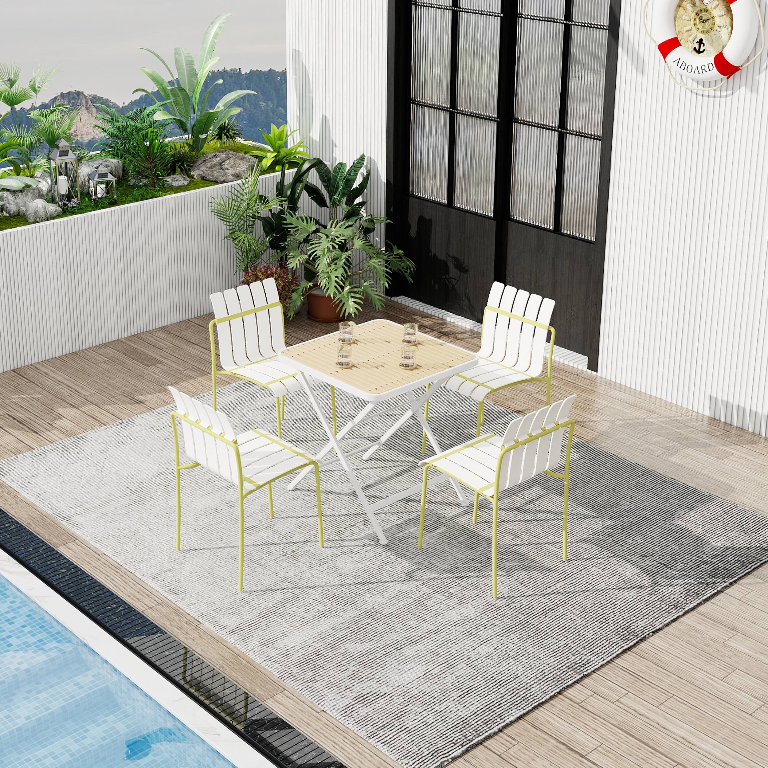 Left. Mondawe - 5-Piece Outdoor Dining Set – Square Folding Table with 4 Striped Color Block Chairs - Yellow+White.