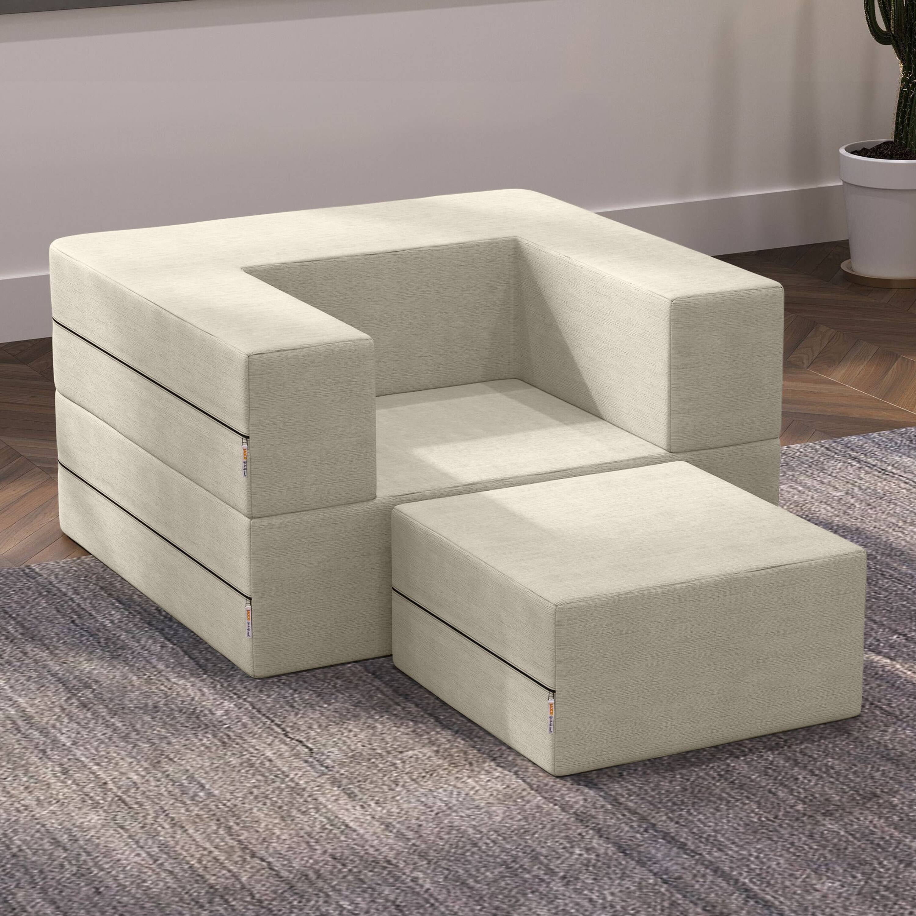 Left. Jaxx - Jaxx Zipline Convertible Sleeper Futon Chair & Ottoman with Machine-Washable Cover, Ivory - Ivory.