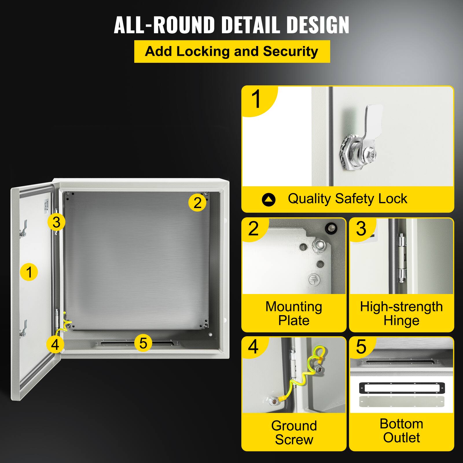 ALL-ROUND DETAIL DESIGN  
Add Locking and Security  

1. Quality Safety Lock  
2. Mounting Plate  
3. High-strength Hinge  
4. Ground Screw  
5. Bottom Outlet