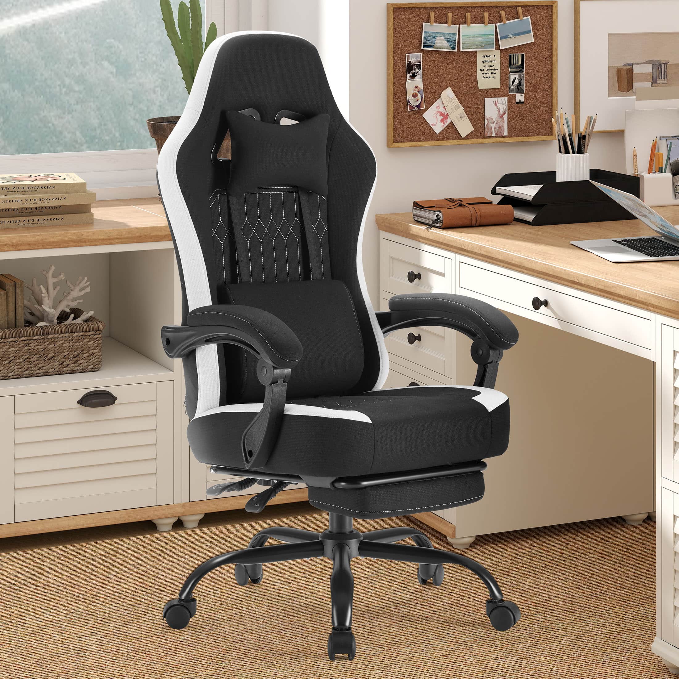 Anysun - Computer Game Chair with Lumbar Support - Adjustable Height, Armrests, Headrest & 360° Rotating Wheels - Black