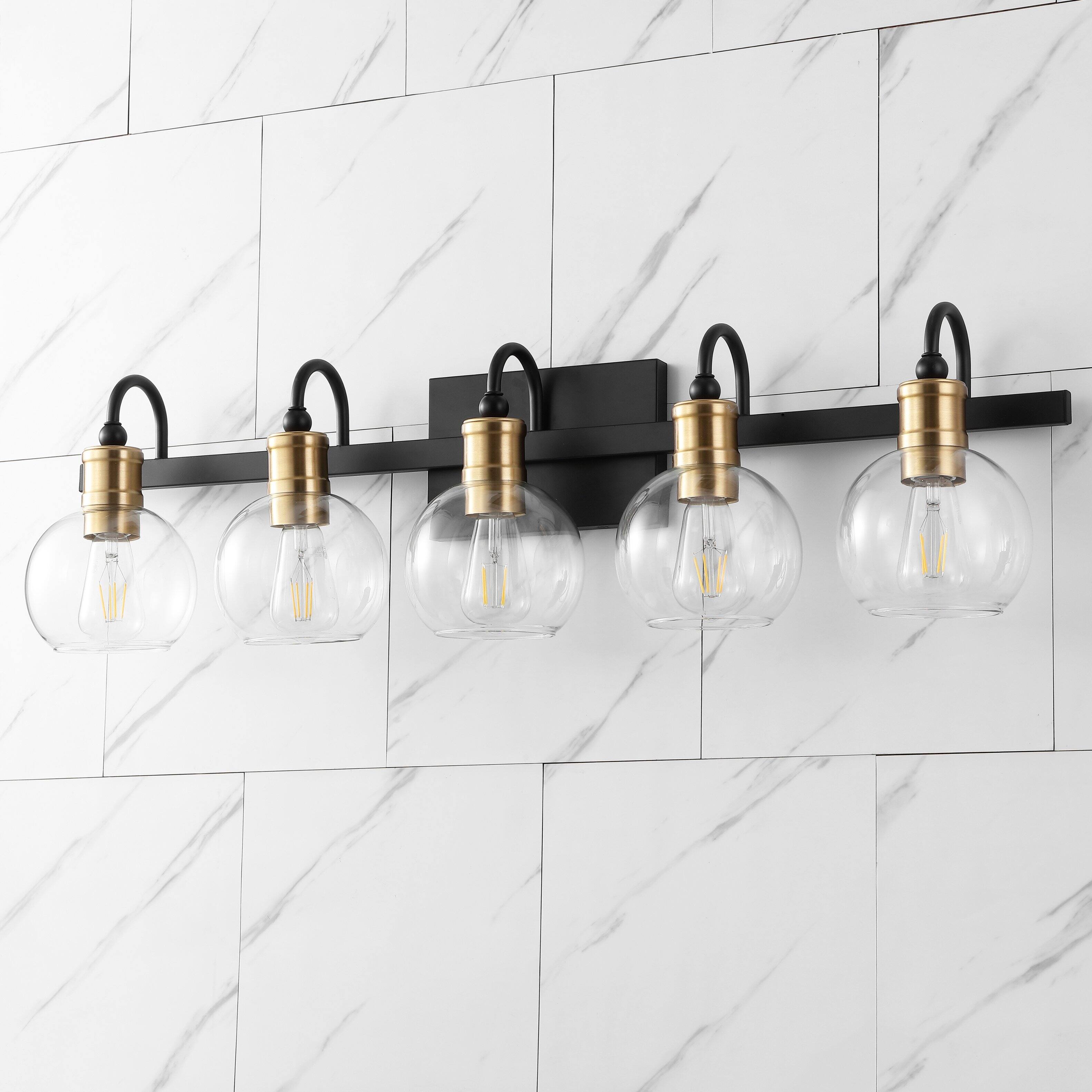 Alt View 5. Jonathan Y - Marais 36.5" 5-Light Iron/Glass Rustic Vintage LED Vanity Light, Black/Brass Gold - Black/Brass Gold.