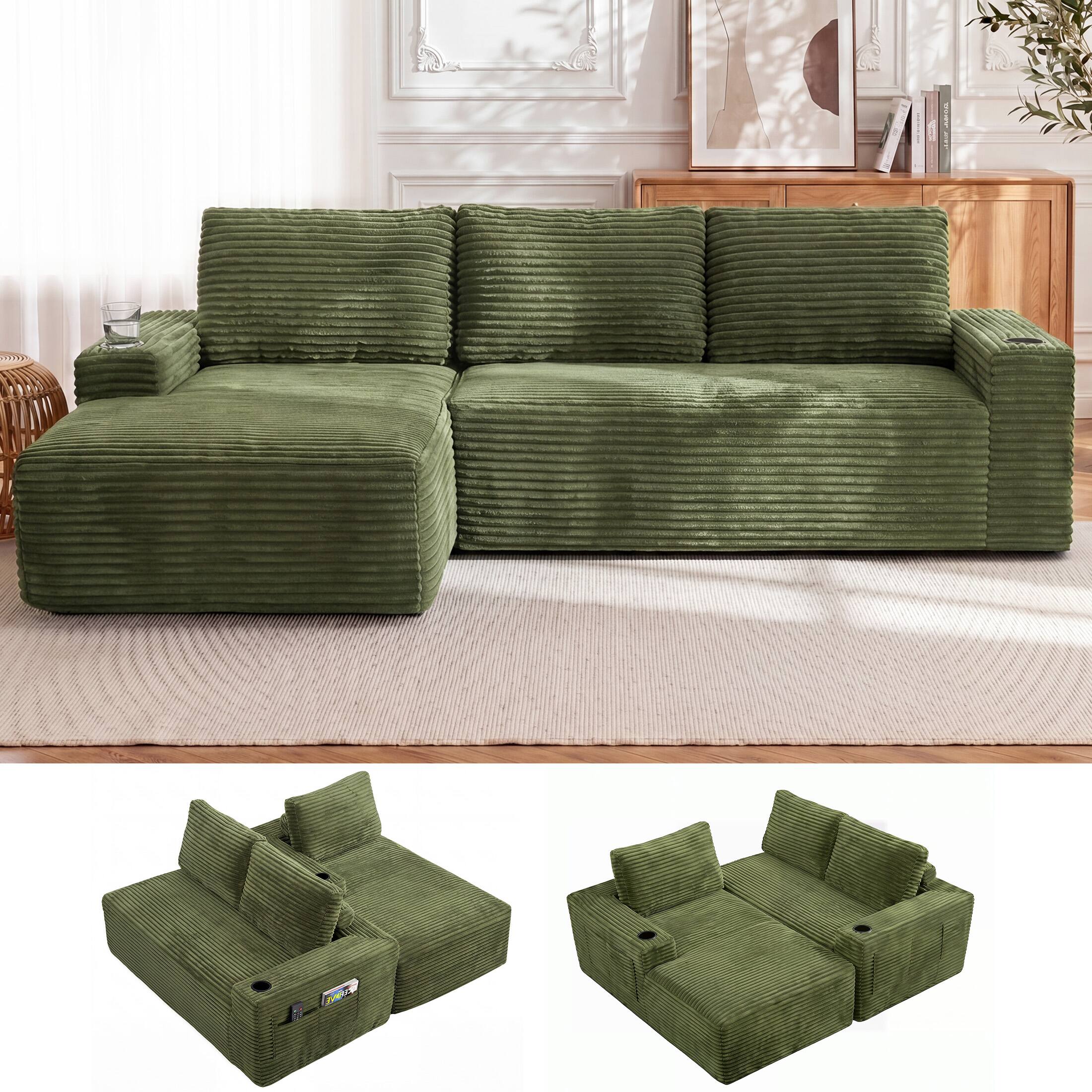 Angle. Anysun - 104" L-Shape Cloud Corduroy Sectional Couch – Modern Modular Sectional Sofa with Deep Seat, Left facing - Green.