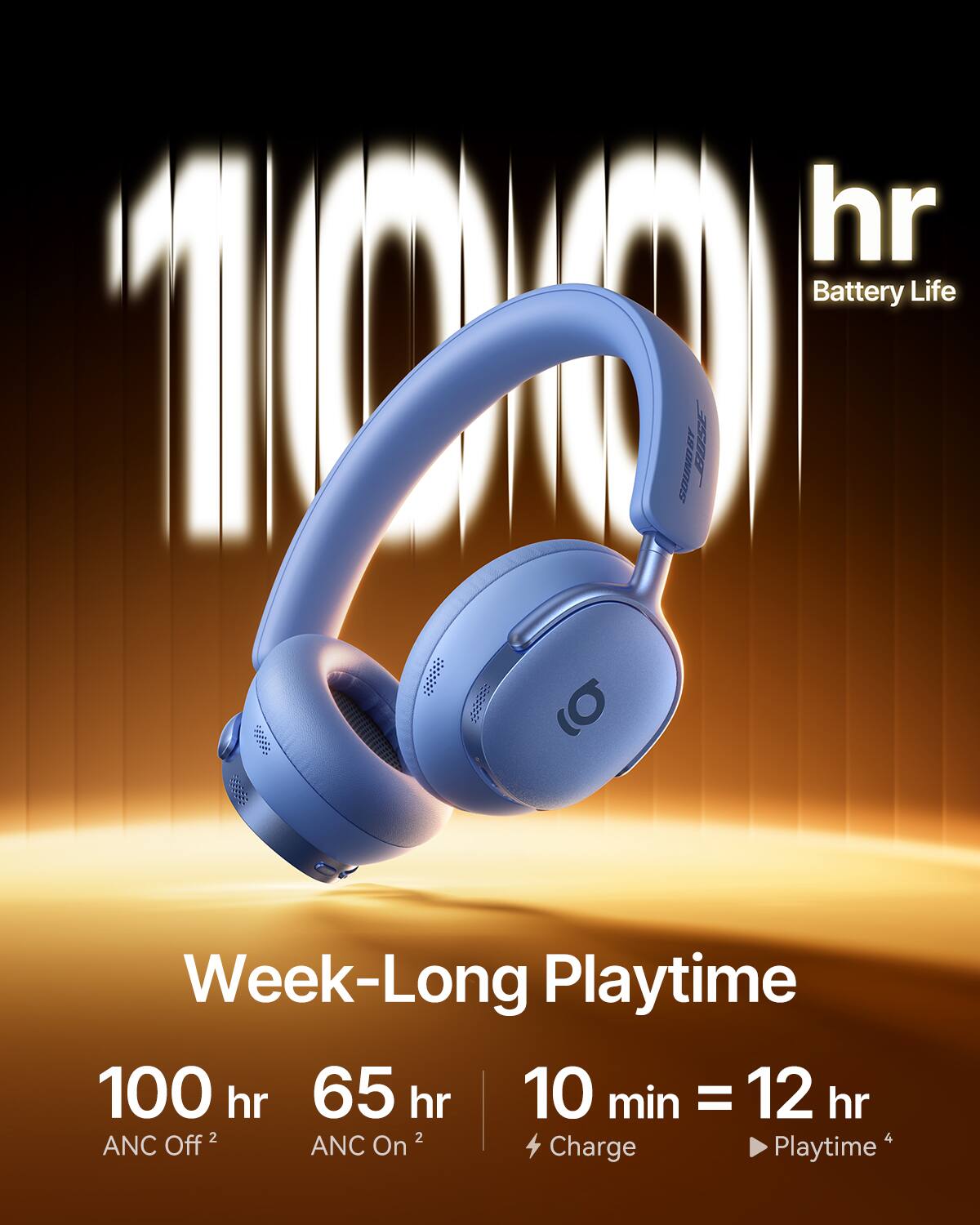 - Battery Life: 100 hr
- Week-Long Playtime
- 100 hr (ANC Off)
- 65 hr (ANC On)
- 10 min = 12 hr (Charge = Playtime)