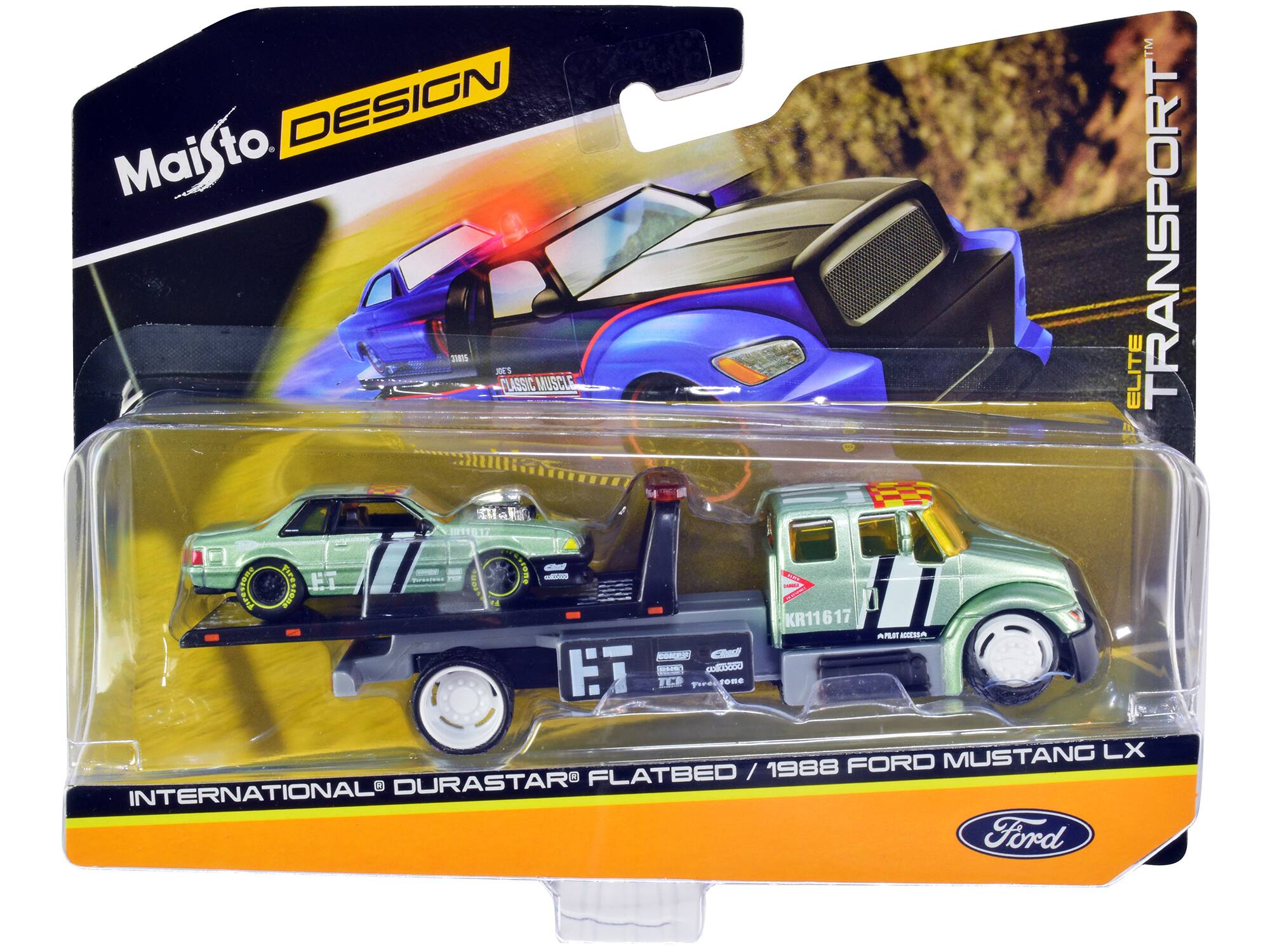 Maisto DESIGN  
Maisto 2ES DS ASSIC MUSCLE Sak 8117 Goaiaal SNOIT .Ome  
FPesten -AE Ci FT NA Doeso IN Prrddgome ome U KR11617 ALR - ELITE TRANSPORT MUSTANG LX FLATBED / 1988 FORD INTERNATIONAL DURASTAR  
Ford