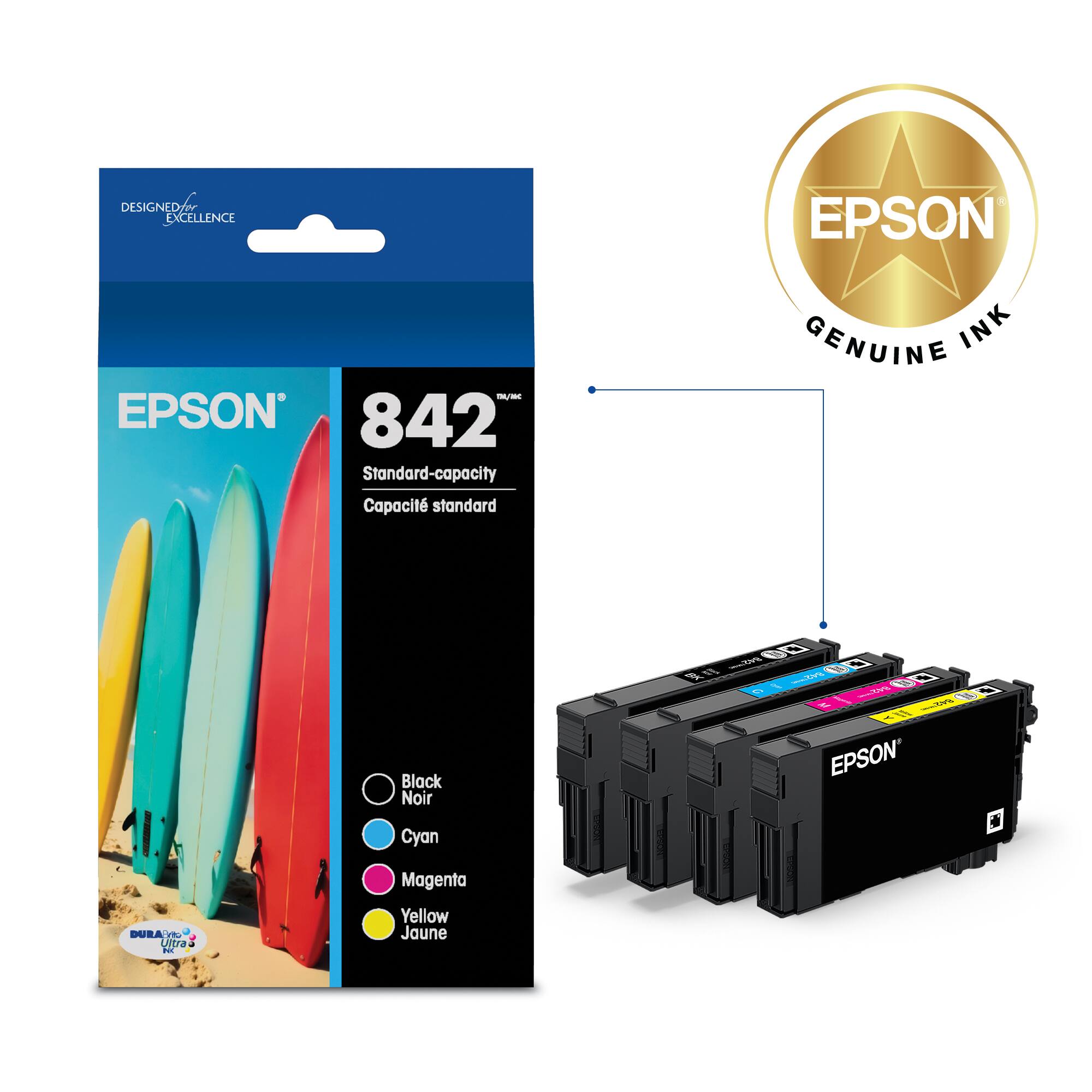 DESIGNED EXCELLENCE  
EPSON 842 Standard-capacity  
Capacité standard  

EPSON GENUINE INK  
Black Noir  
Cyan  
Magenta  
Yellow Jaune  

- 845  
BAR the <11 8427 EPSON  
DURADO Ultra N