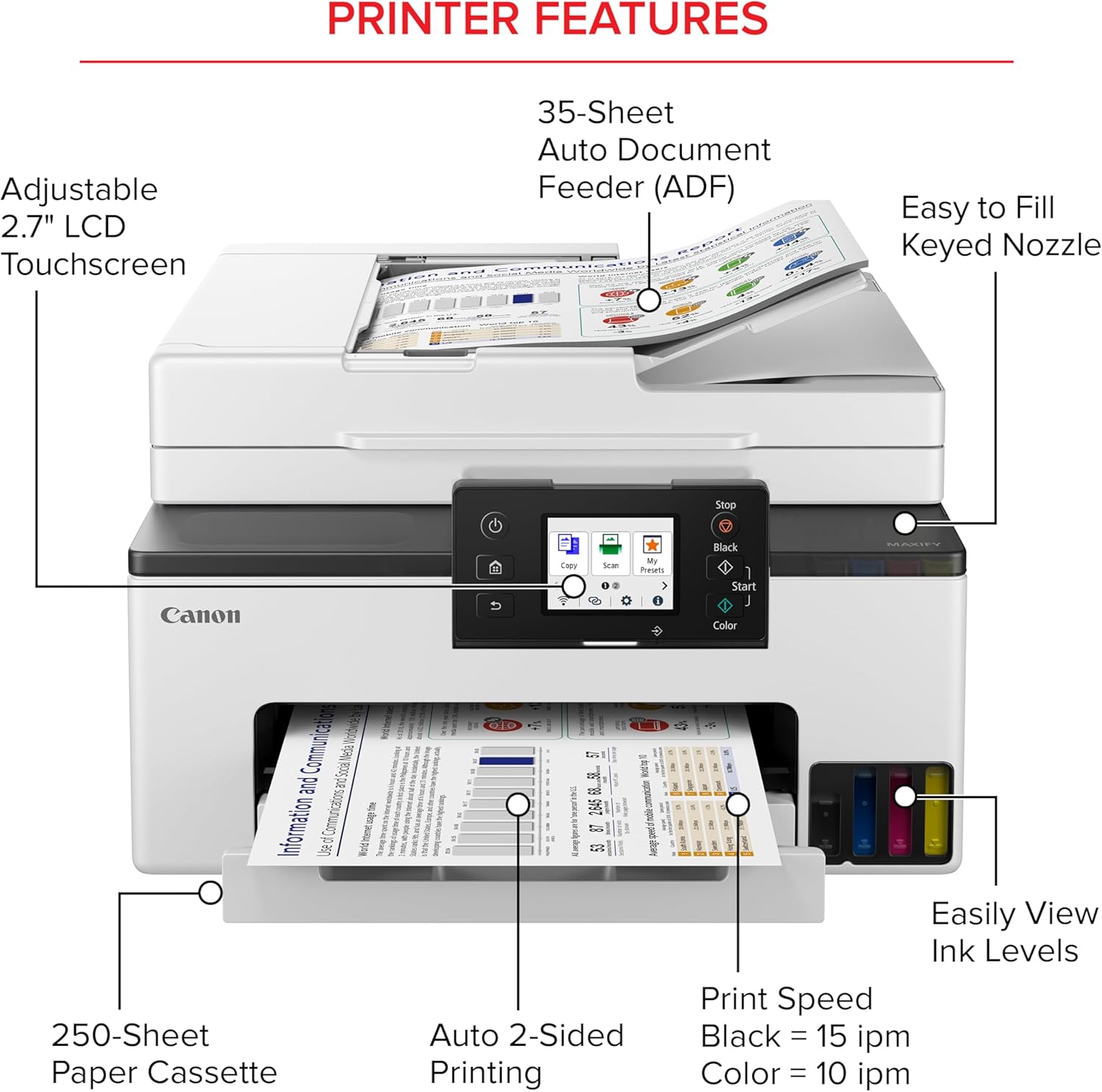 PRINTER FEATURES

- Adjustable 2.7" LCD Touchscreen
- 35-Sheet Auto Document Feeder (ADF)
- Easy to Fill Keyed Nozzle
- 250-Sheet Paper Cassette
- Auto 2-Sided Printing
- Easily View Ink Levels
- Print Speed: Black = 15 ipm, Color = 10 ipm