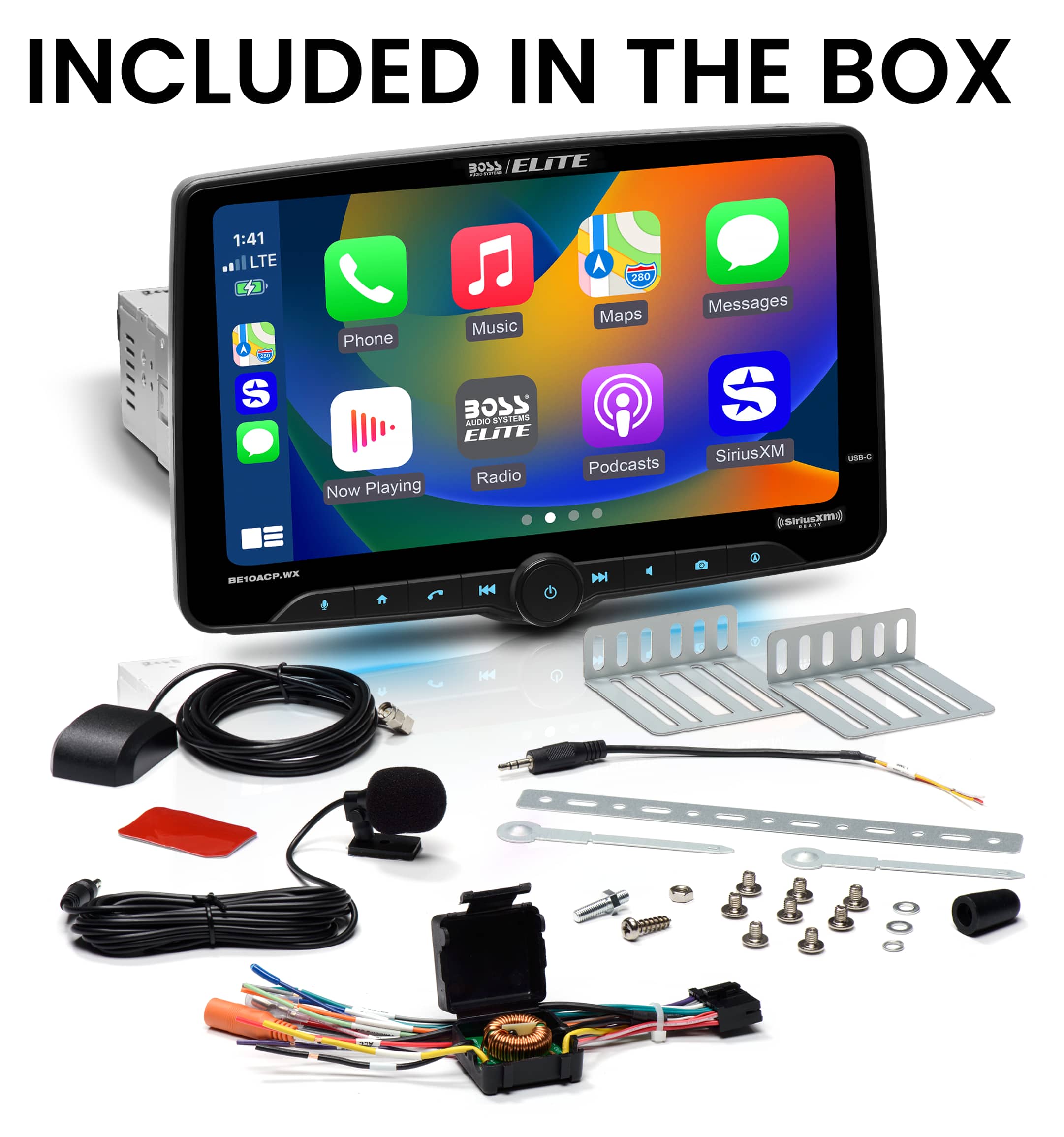 In the box, you will find an Elite 1:41 LTE - S phone, along with a radio, maps, podcasts, and messaging services. The radio also includes SiriusXM and other features.