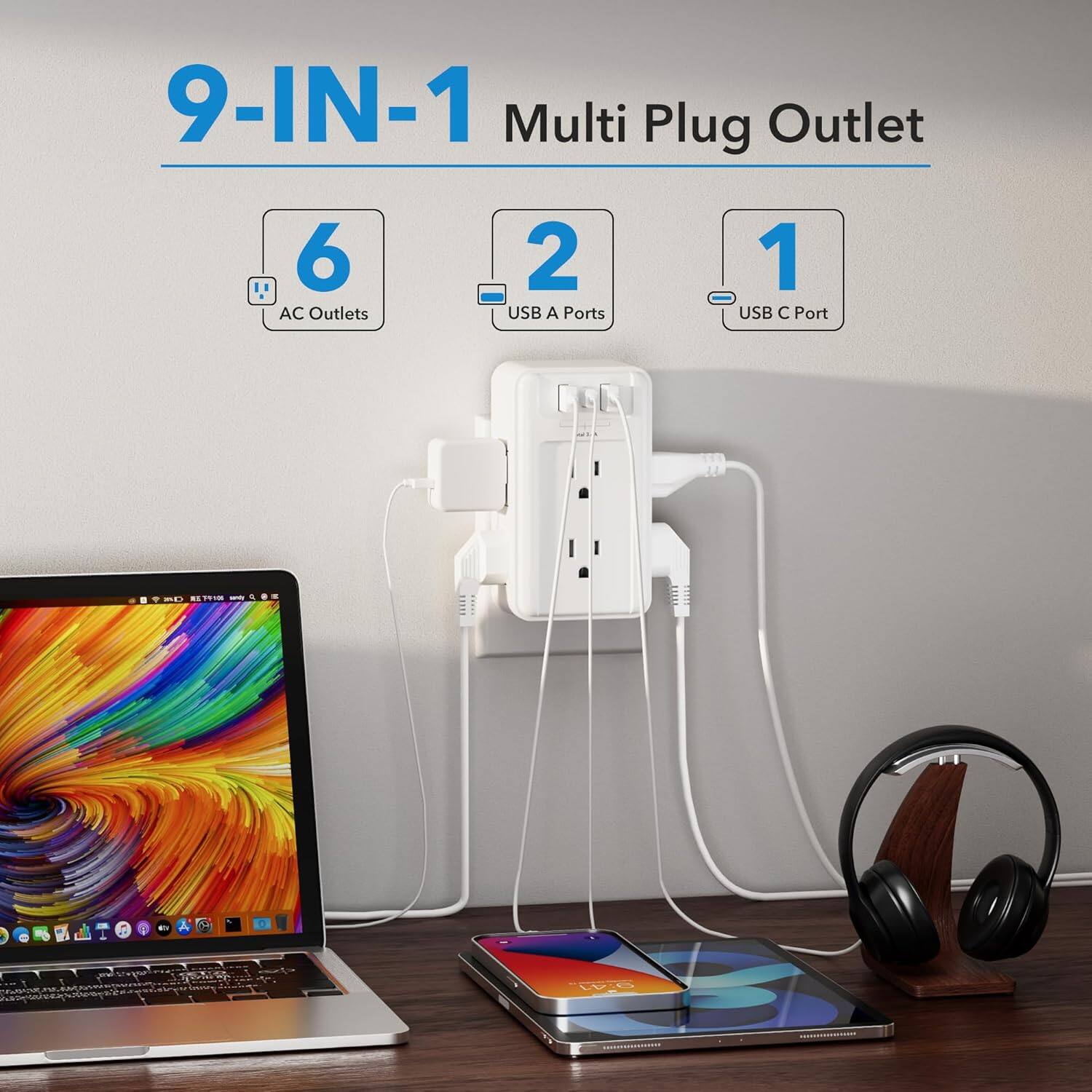 9-IN-1 Multi Plug Outlet  
6 AC Outlets  
2 USB A Ports  
1 USB C Port