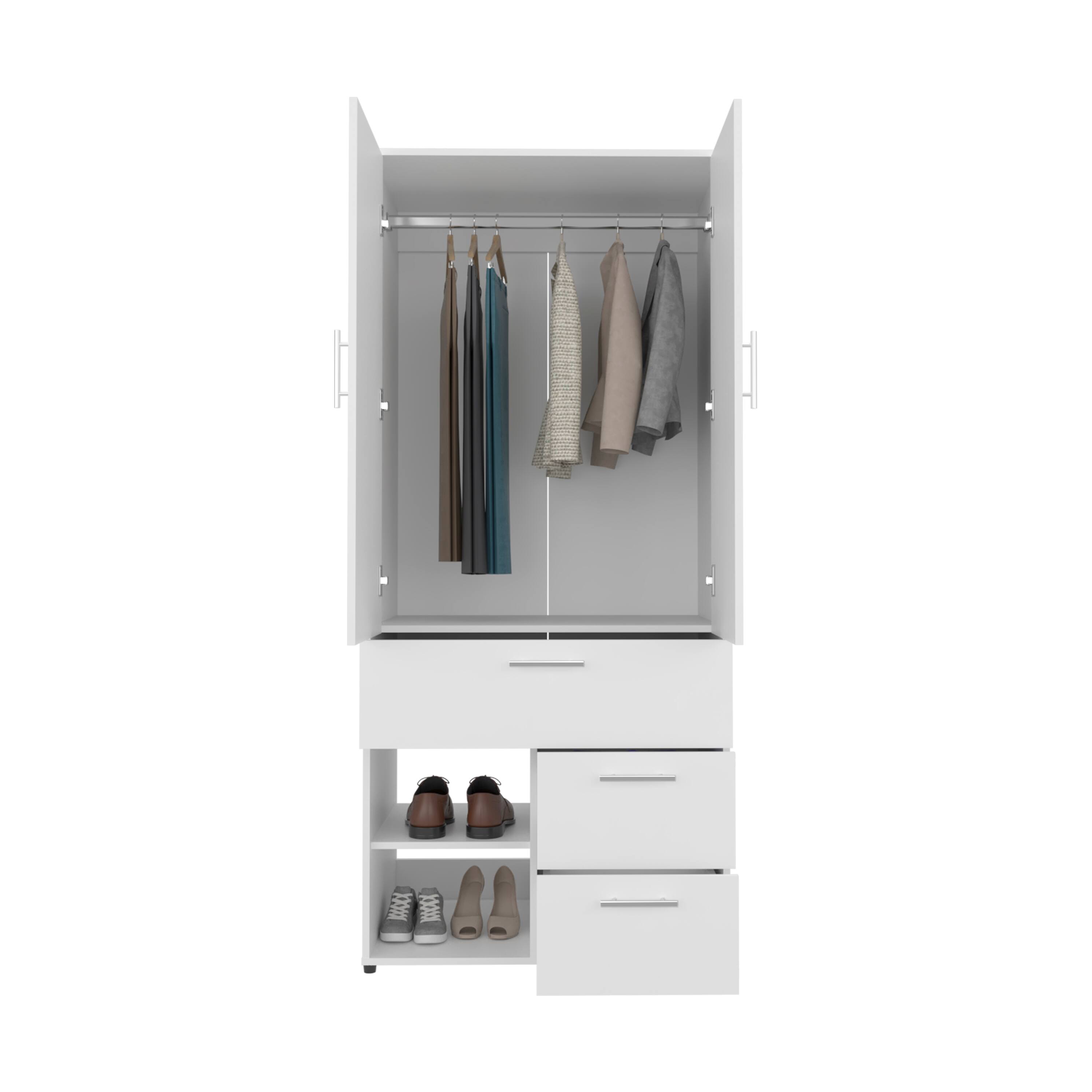 Angle. TuHome - Alpine Armoire With Double Doors, Hanging Rod And Interior Shelves, Freestanding Modern Wardrobe Closet - White.