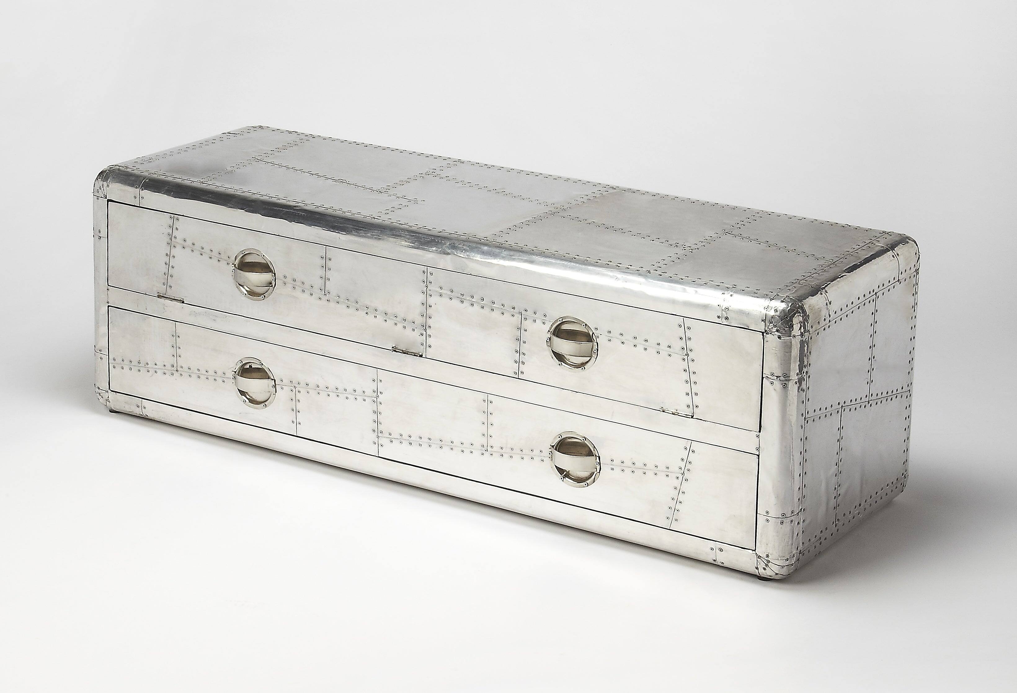 Front. Butler Specialty - Midway 59 in. W Rectangular Metal Aviator Themed 4 Drawer TV Stand - Silver.