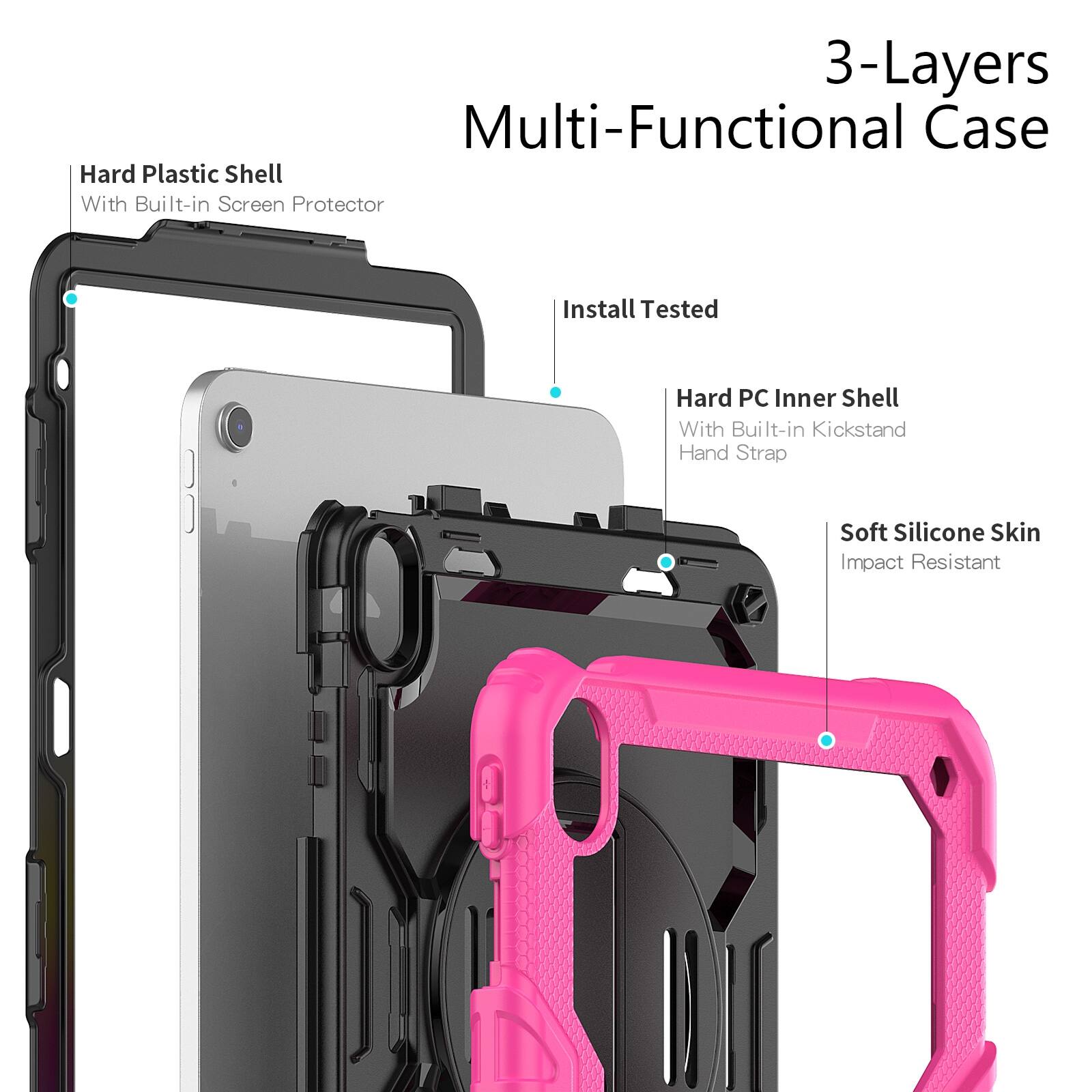 3-Layers Multi-Functional Case

Hard Plastic Shell With Built-in Screen Protector

Install Tested

Hard PC Inner Shell With Built-in Kickstand Hand Strap

Soft Silicone Skin Impact Resistant