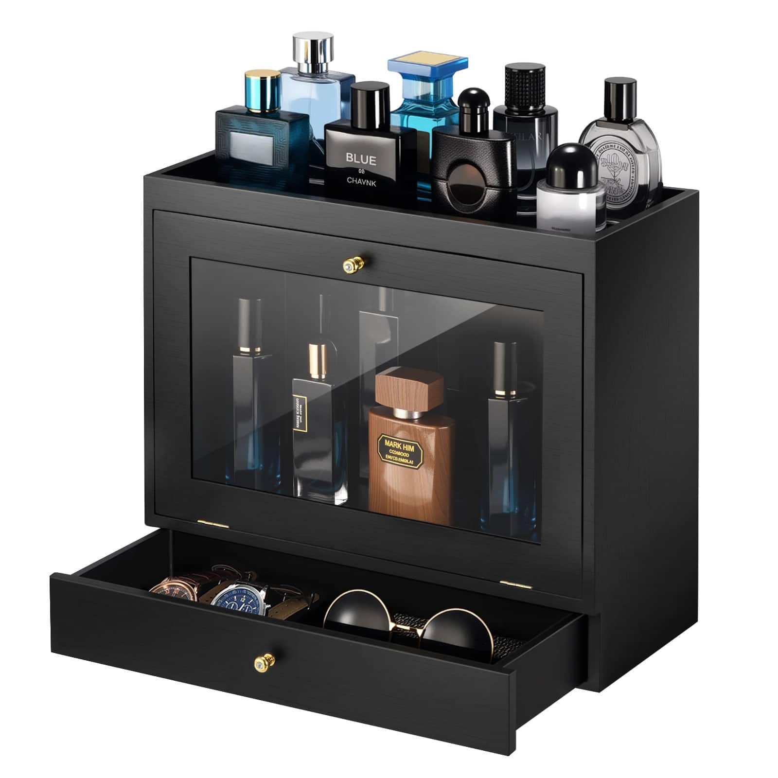 Unique Bargains - Wood Perfume Organizer for Men with Velvet Lining Drawer, Dustproof Display Stand for Perfume, Watch, Jewelry - Black