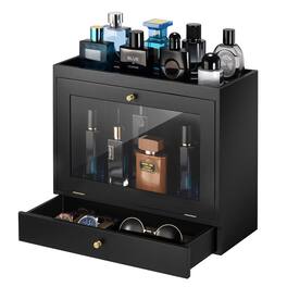 Unique Bargains - Wood Perfume Organizer for Men with Velvet Lining Drawer, Dustproof Display Stand for Perfume, Watch, Jewelry - Black