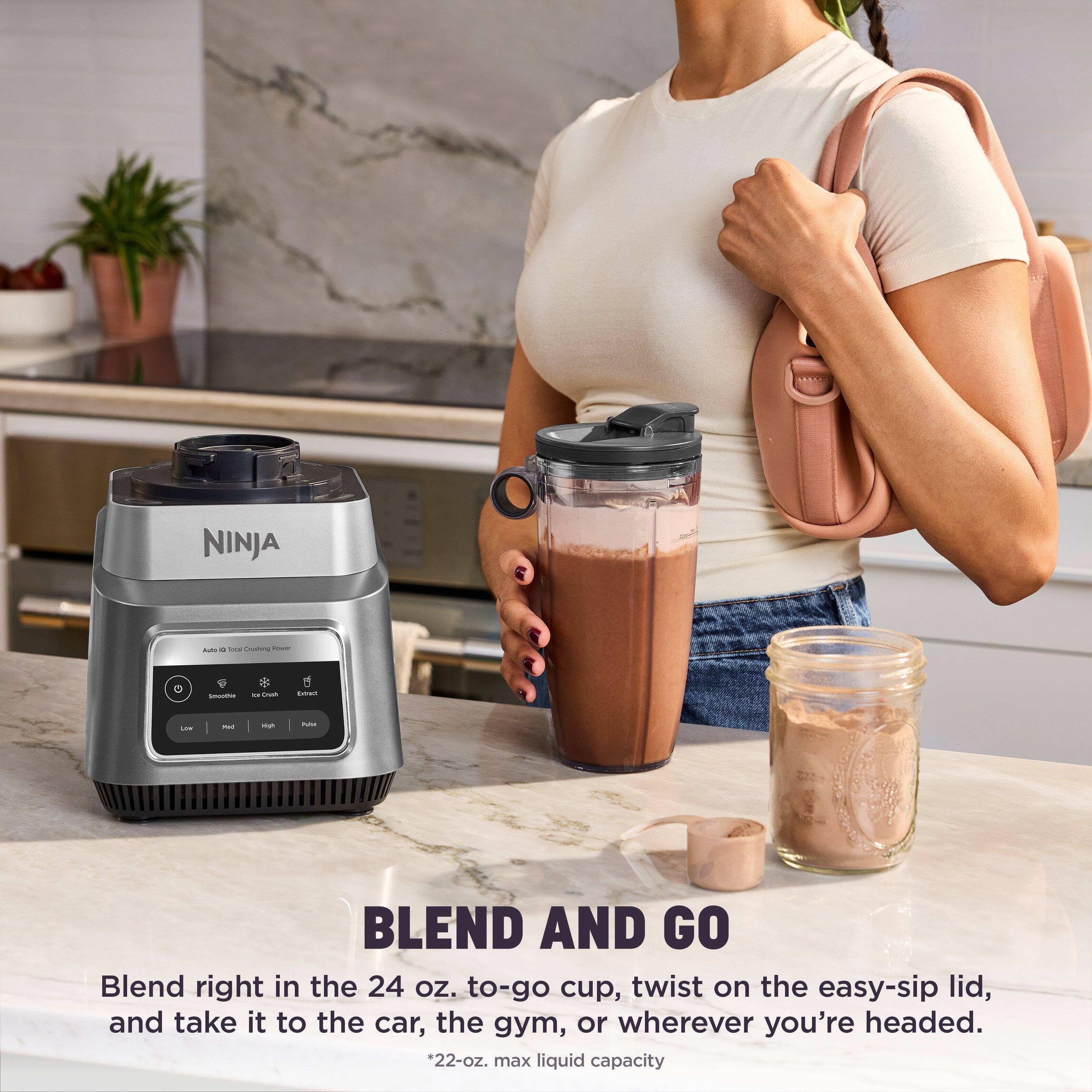 NINJA  
Auto 10X Crushing Power  
Smoothie  
Ice Crush  
Extract  
Low  
Med  
High  
Pulse  

BLEND AND GO  
Blend right in the 24 oz. to-go cup, twist on the easy-sip lid, and take it to the car, the gym, or wherever you're headed.  
*22-oz. max liquid capacity