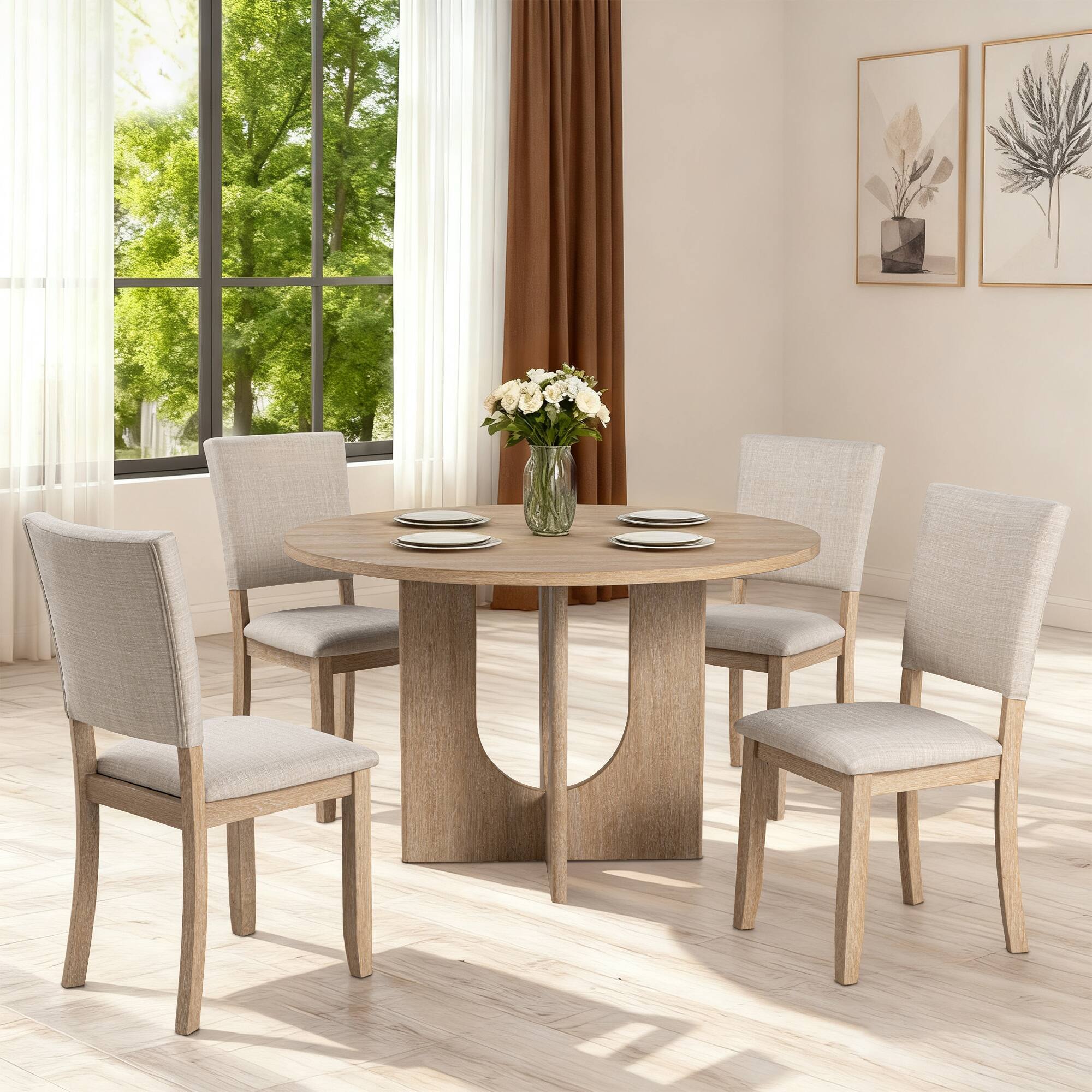 Back. Vaczon - Transitional Upholstered Dining Chair, Fabric Seat & Back, Padded Cushioned Accent Chair for Kitchen Dining Room - Natural.