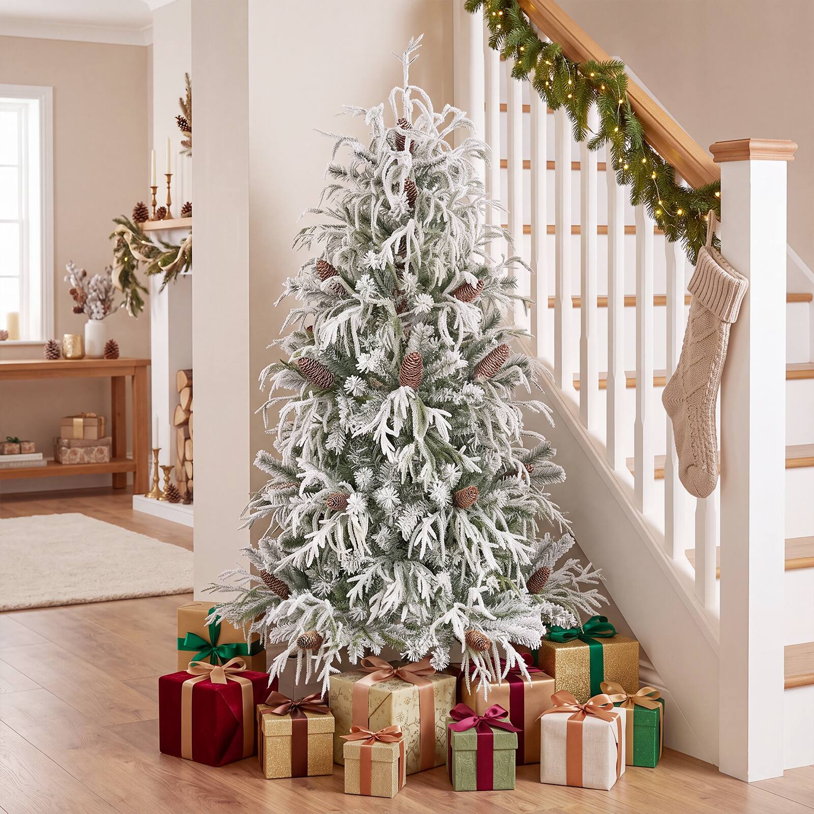Costway 5 ft Flocked Christmas Tree with 387 Branch Tips, 23 Pine Cones ...
