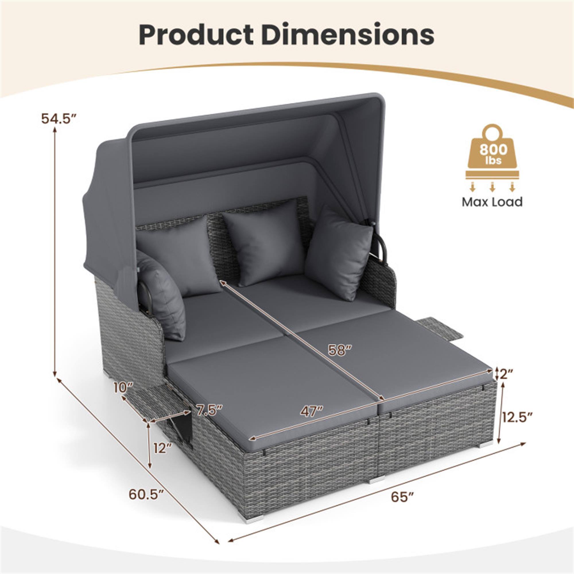 Product Dimensions:  
54.5" x 60.5" x 65"  
Max Load: 800 lbs  
Seat Dimensions: 58" x 47" x 10"  
Armrest Height: 12"  
Backrest Height: 54.5"  
Seat Depth: 12.5"  
Seat Width: 58"