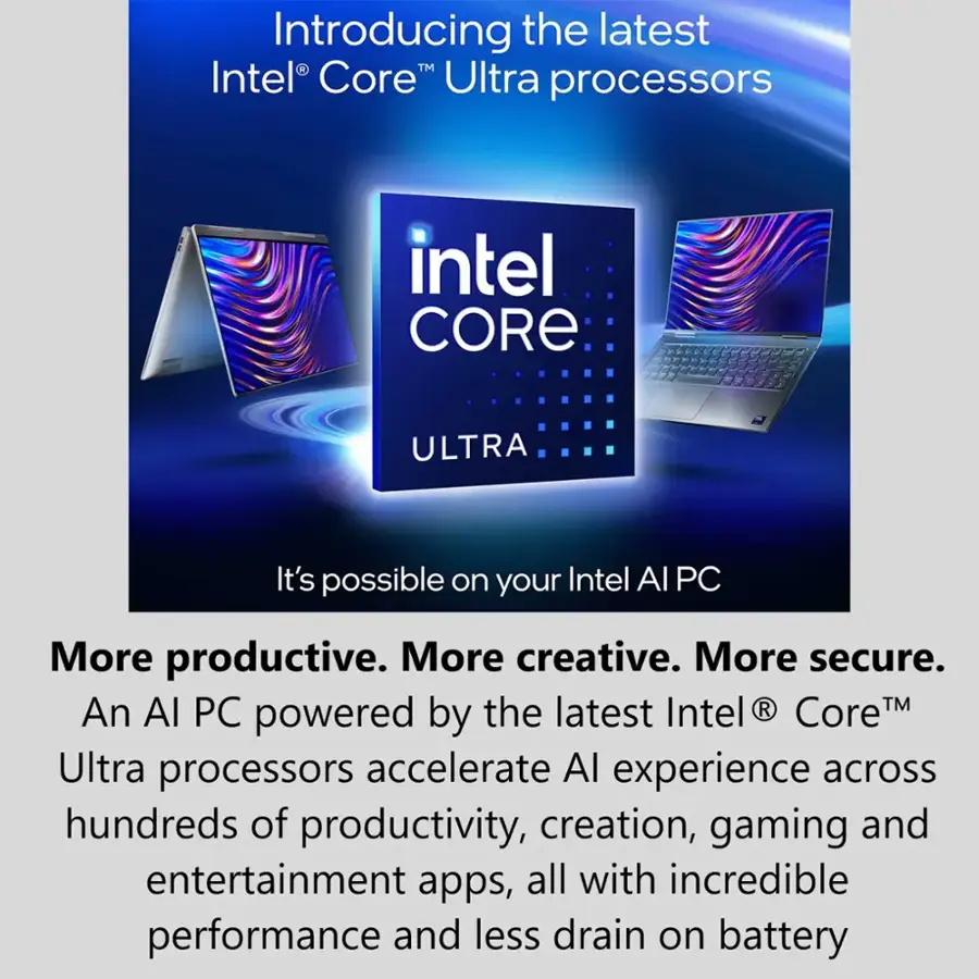Introducing the latest Intel Core Ultra processors. It's possible on your Intel AI PC. More productive. More creative. More secure. The latest Intel Core Ultra processors accelerate AI experience across hundreds of productivity, creation, gaming, and entertainment apps, all with incredible performance and less drain on battery.