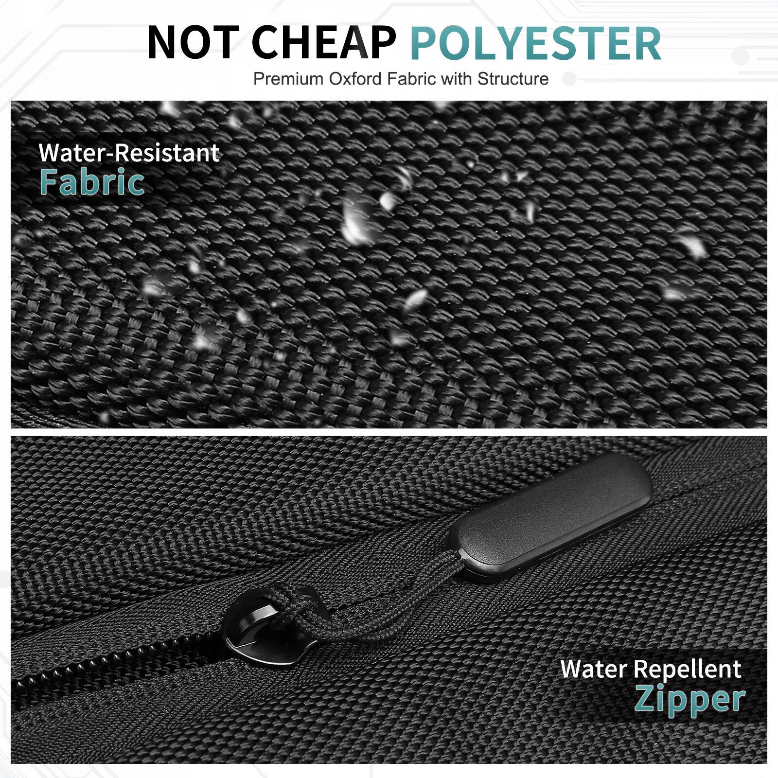 NOT CHEAP POLYESTER  
Premium Oxford Fabric with Structure  

Water-Resistant Fabric  

Water Repellent Zipper