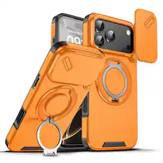Front. Dteck - Magnetic Ring Stand Case for iPhone 17 Pro Max with Lens Protection Hard Back Cover - Orange.