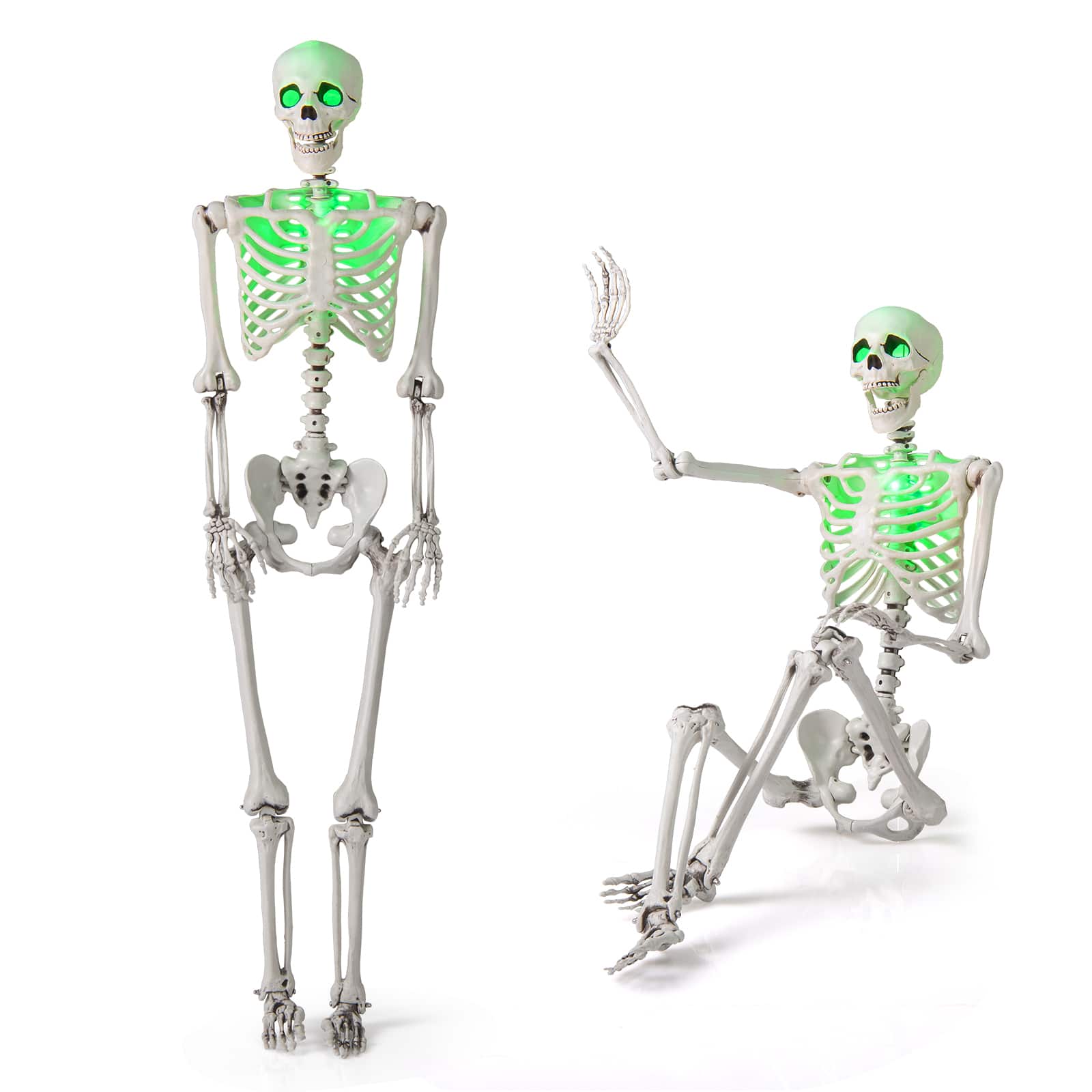Costway - 5.5FT Poseable Halloween Skeleton Life-Size Decoration with Built-in Lights - White,Green