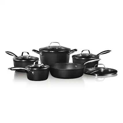 Front. THE ROCK by Starfrit - Diamond 10-Piece Cookware Set - Black.