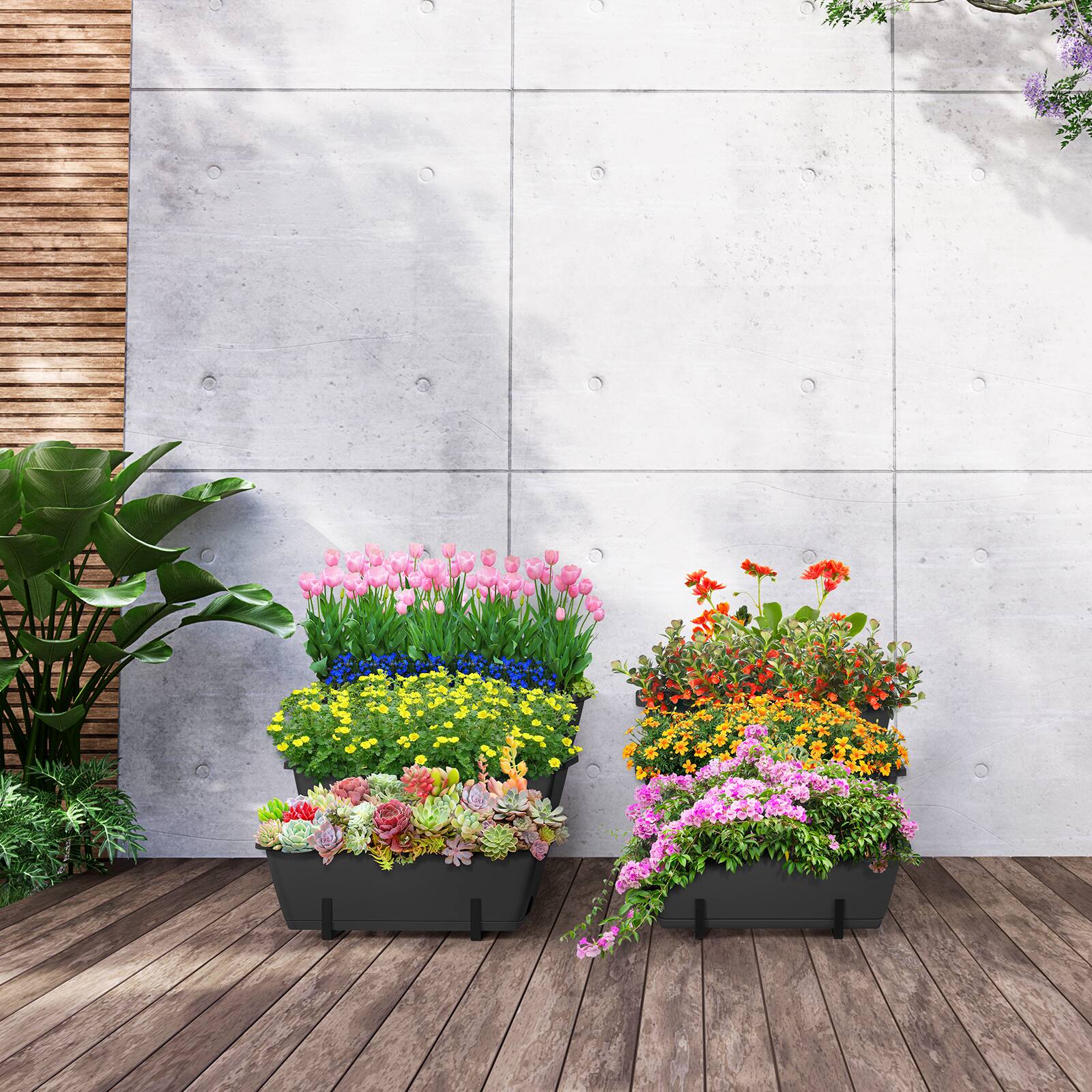 Alt View 1. Oumilen - 2-Piece Raised Garden Planter Set, Black 3-Tier Staggered Plant Boxes with Metal Stand for Vegetables Flowers Herbs.