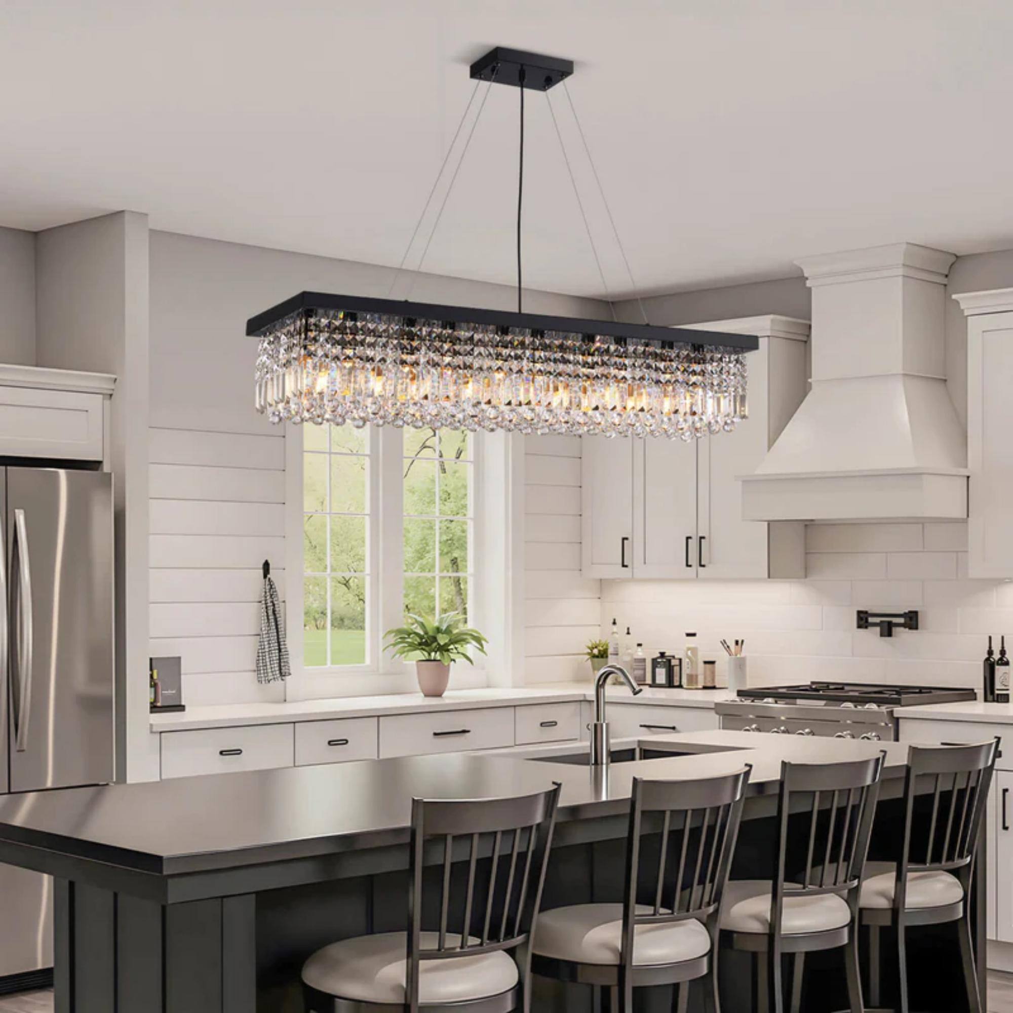 Alt View 1. Siljoy - 31.5" 6-Light Black K9 Crystal Chandelier, Modern Adjustable E12 Pendant for Kitchen Island Dining Foyer - BLACK.