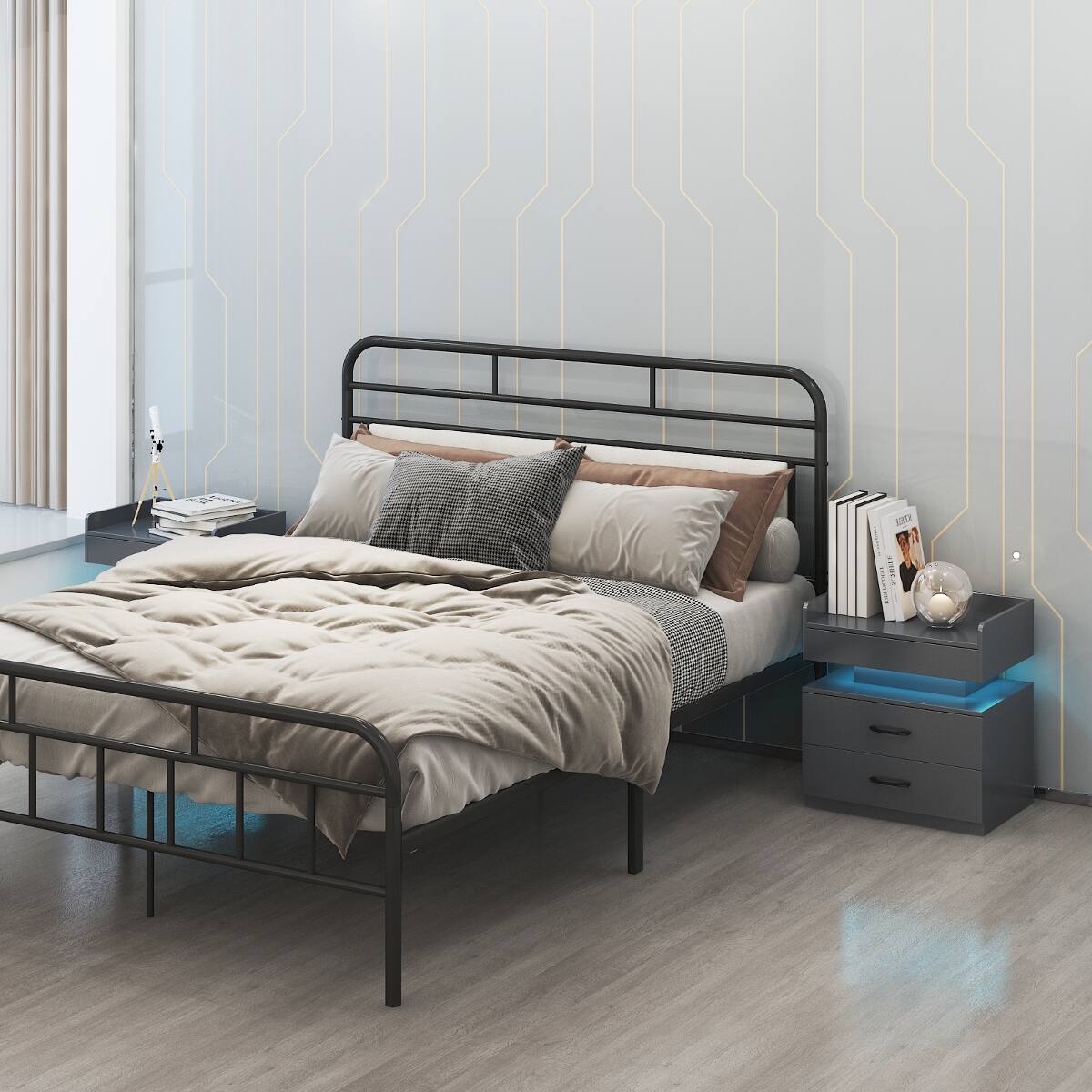 Alt View 4. Loheer - Loheer LED Nightstand with Adjustable Light, Grey Two Drawer Bedside Table - Grey.