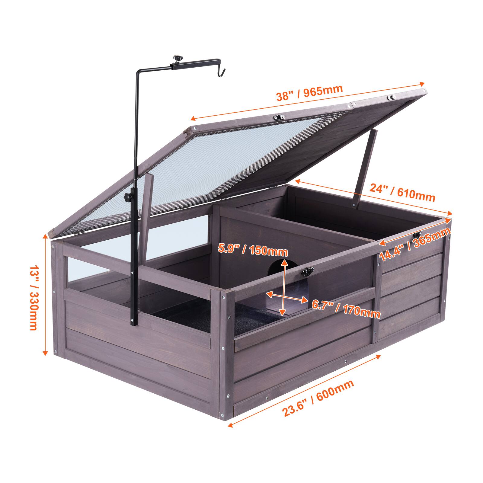 - 38" / 965mm
- 24" / 610mm
- 13" / 330mm
- 5.9" / 150mm
- 14.4" / 365mm
- 6.7" / 170mm
- 23.6" / 600mm