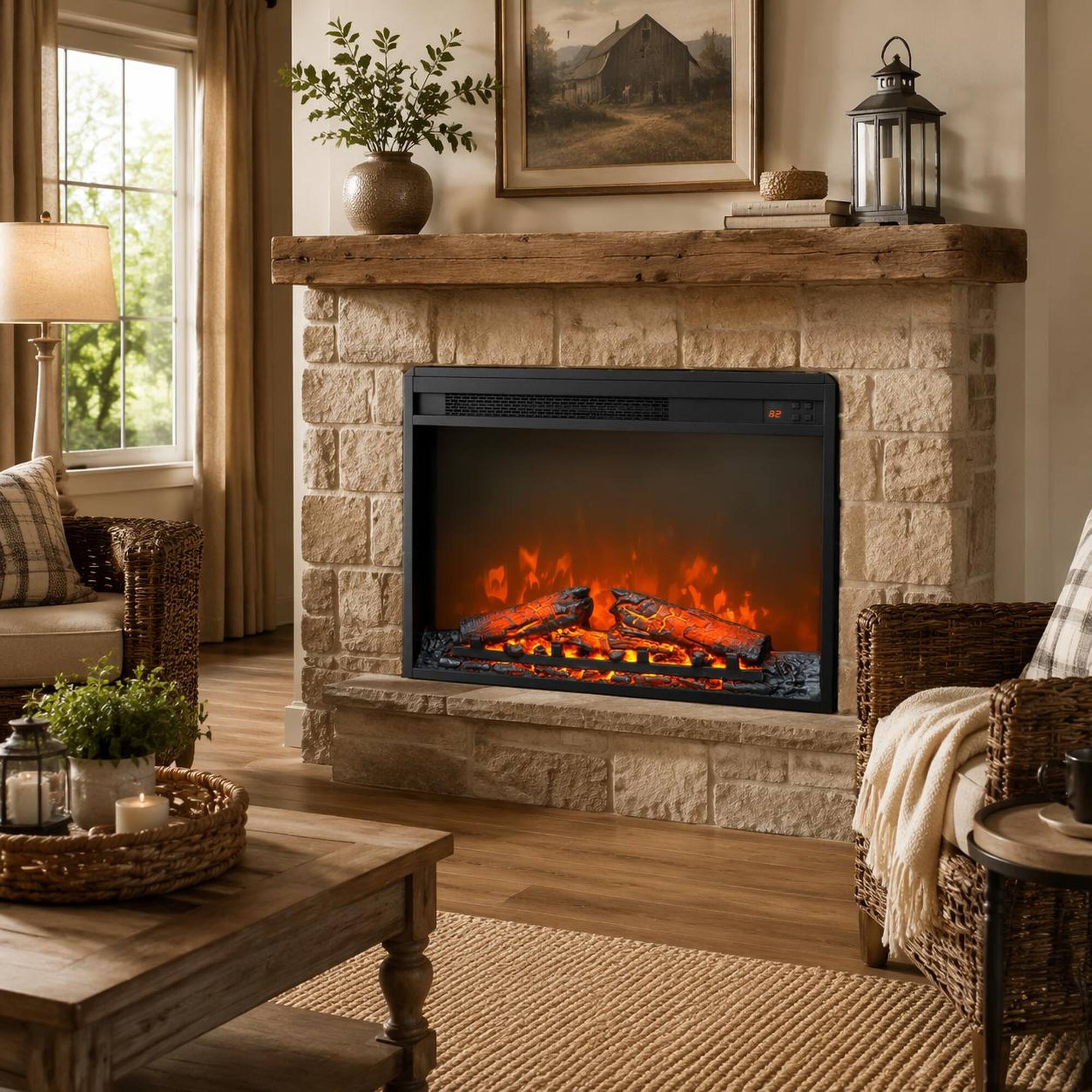 Angle. RYHNUYNE - 23 Inch Electric Fireplace Insert – Ultra Thin Heater with Log Set & Realistic Flame, Remote Control & Timer - Antique Black.
