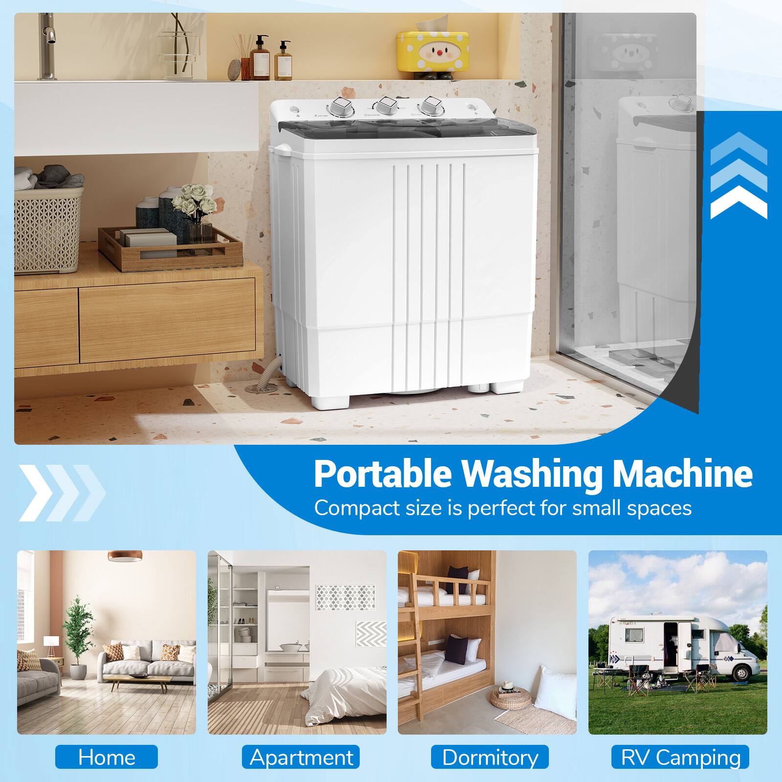 Portable Washing Machine  
Compact size is perfect for small spaces  

Home  
Apartment  
Dormitory  
RV Camping