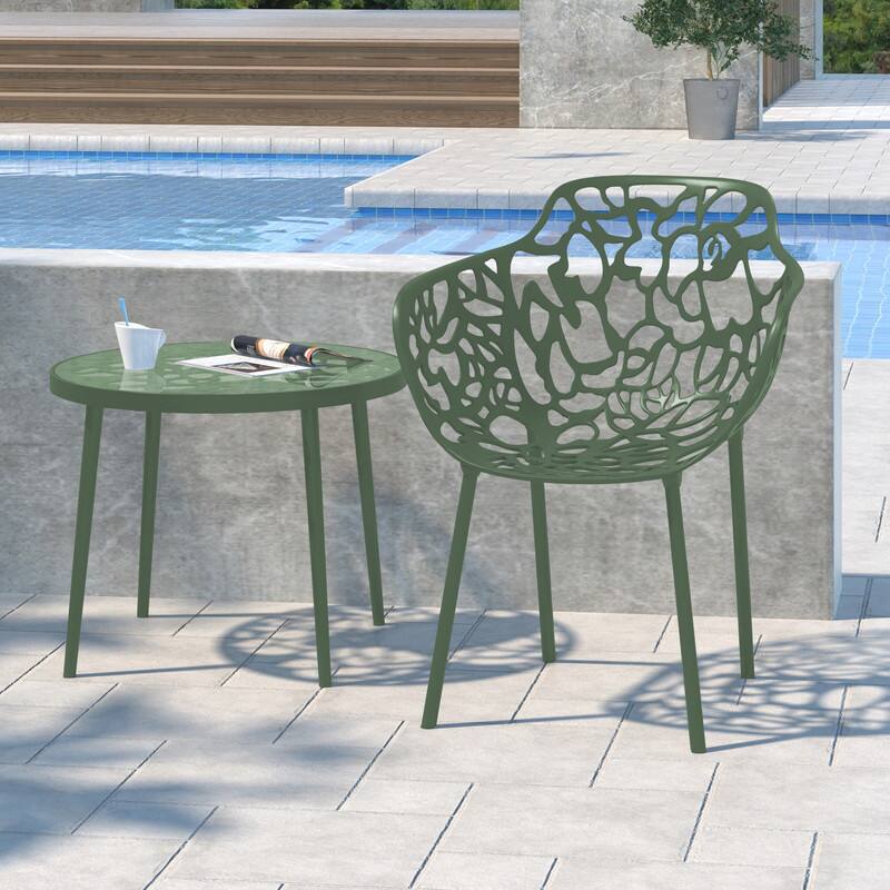 Angle. LeisureMod - Devon Stackable Aluminum Dining Chair with Floral Cutout Design Side Chair for Indoor Outdoor - Khaki Green.