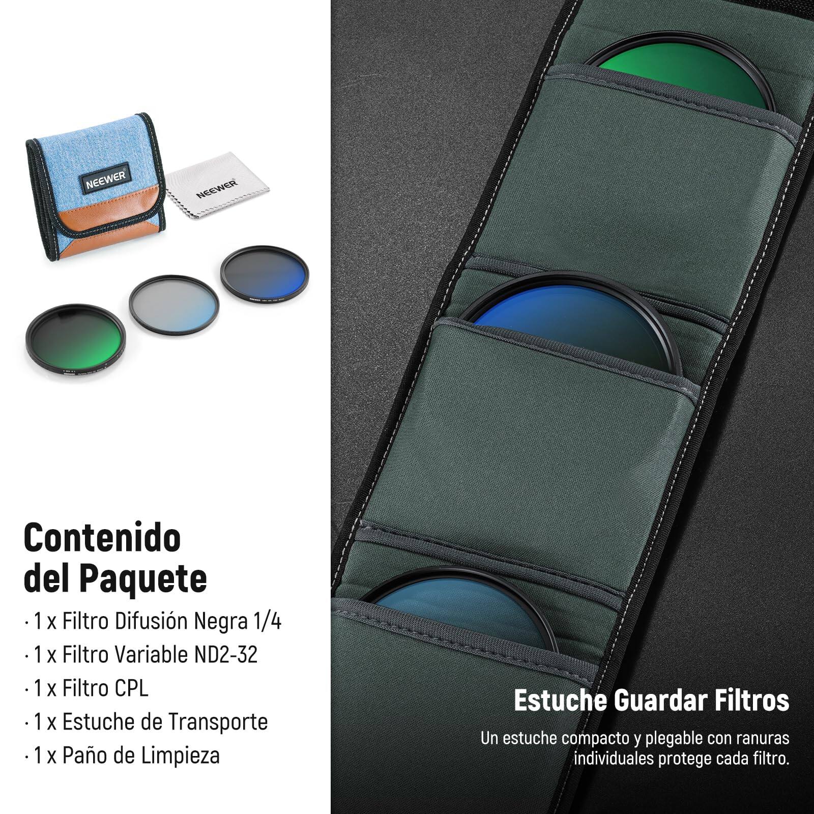 Contenido del Paquete

- 1 x Filtro Difusión Negra 1/4
- 1 x Filtro Variable ND2-32
- 1 x Filtro CPL
- 1 x Estuche de Transporte
- 1 x Paño de Limpieza

Estuche Guardar Filtros

Un estuche compacto y plegable con ranuras individuales protege cada filtro.