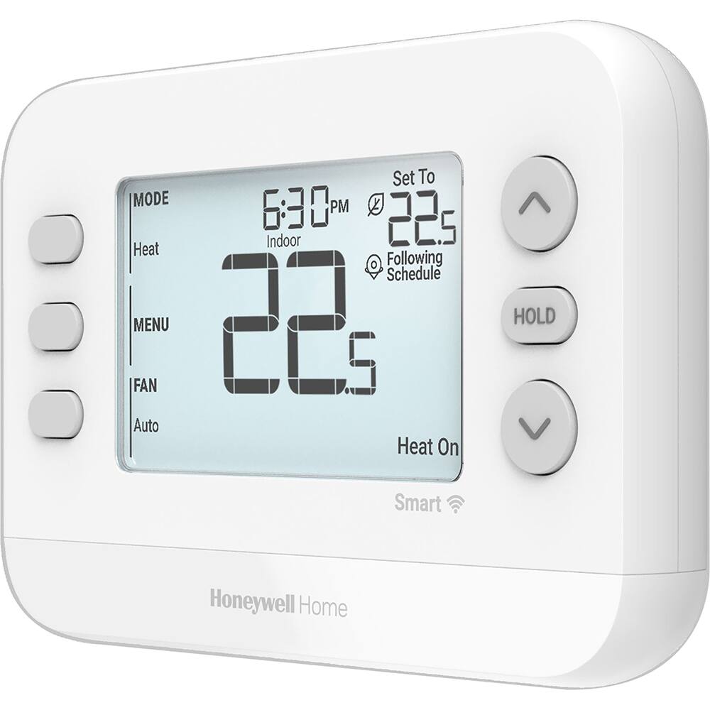 Set To 22.5  
Following Schedule  

6:30 PM  

Indoor 22.5  

Heat On  

MODE: Heat  
MENU  
FAN: Auto  

HOLD  

Smart  
Honeywell Home