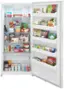 The refrigerator is stocked with a variety of food items, including frozen pizza, ice cream, and fruit. The refrigerator is filled with many different types of food, making it a well-stocked and diverse selection.