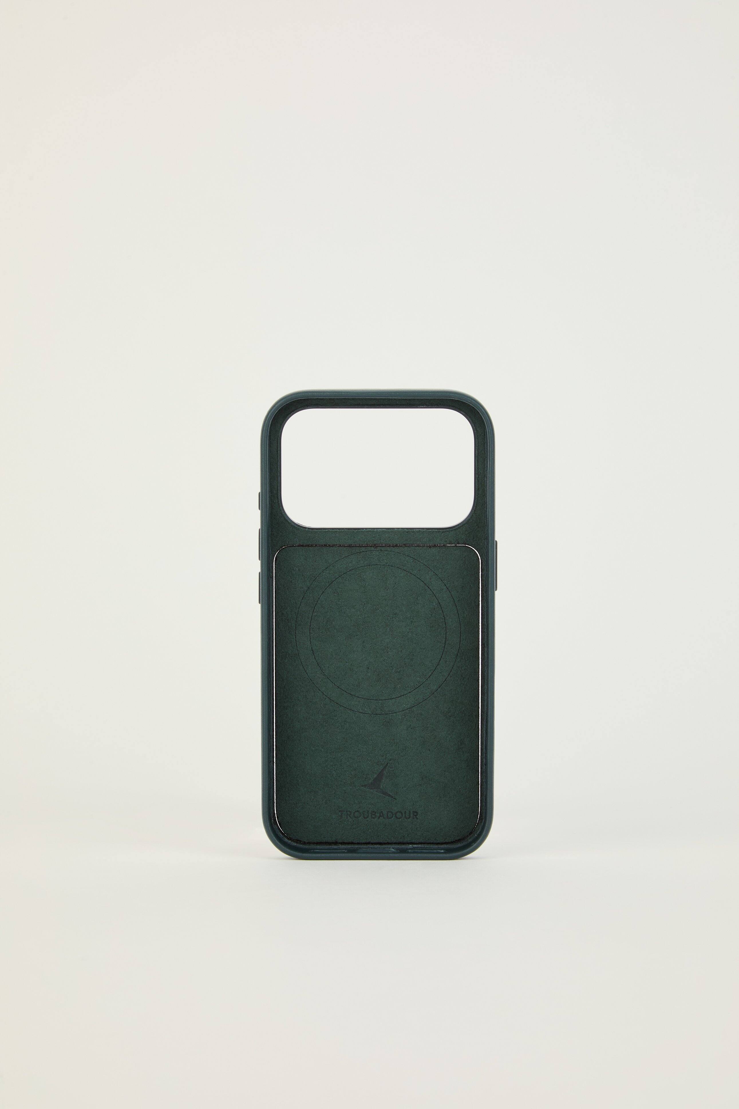 Left. Troubadour - iPhone 18 Pro Modular Leather Case - Obsidian Green.