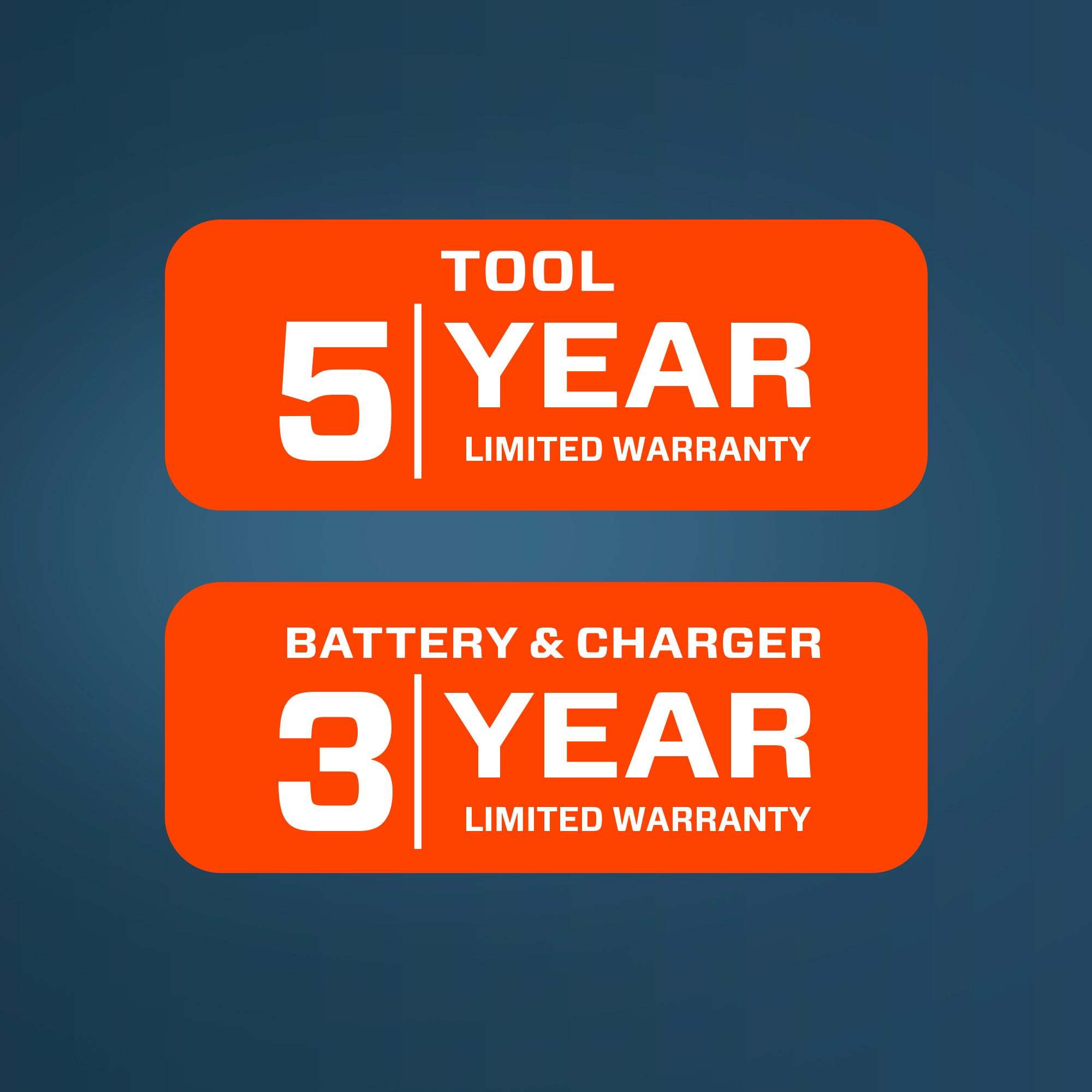 TOOL  
5 YEAR  
LIMITED WARRANTY  

BATTERY & CHARGER  
3 YEAR  
LIMITED WARRANTY