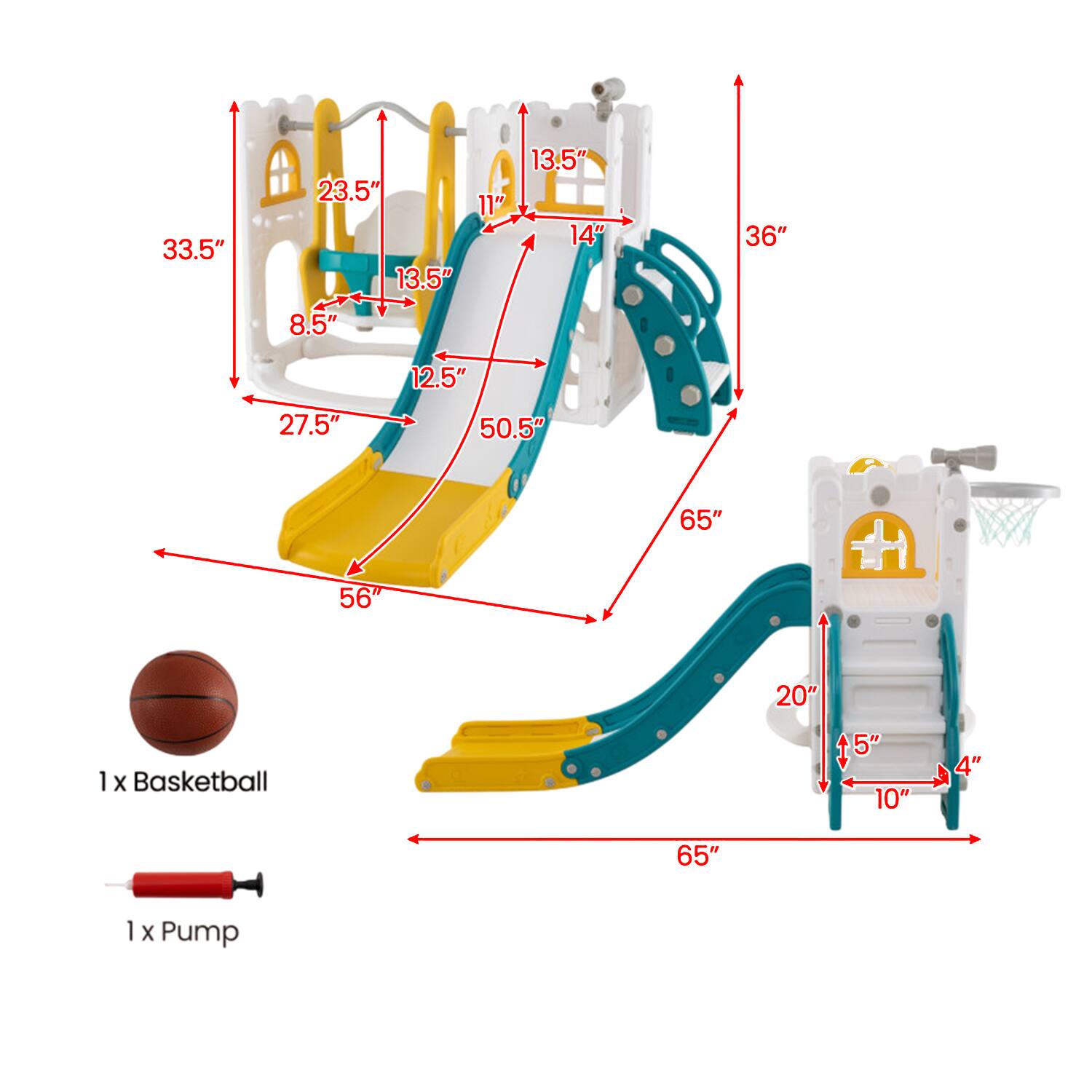 A 33.5" 23.5" 13.5" 8.5" 11" 13.5" 14" 36" 12.5" 27.5" 50.5" 65" 56" 20" 1 x Basketball 5" 10" 4" 65" 1 x Pump